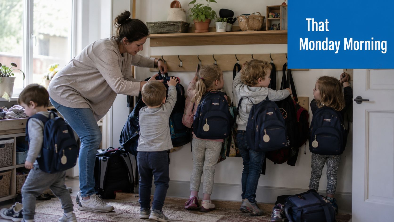 A mother helping young children get their backpacks ready for school on a busy Monday morning.
