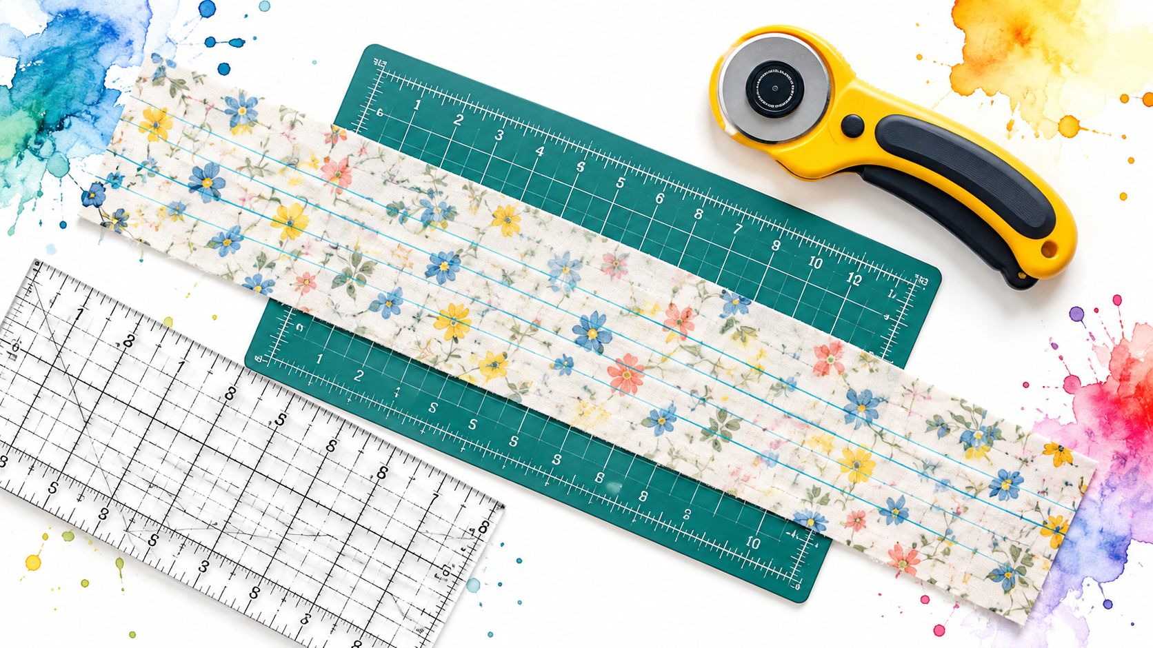 A top-down view of sewing tools including a floral fabric strip, cutting mat, ruler, and rotary cutter.