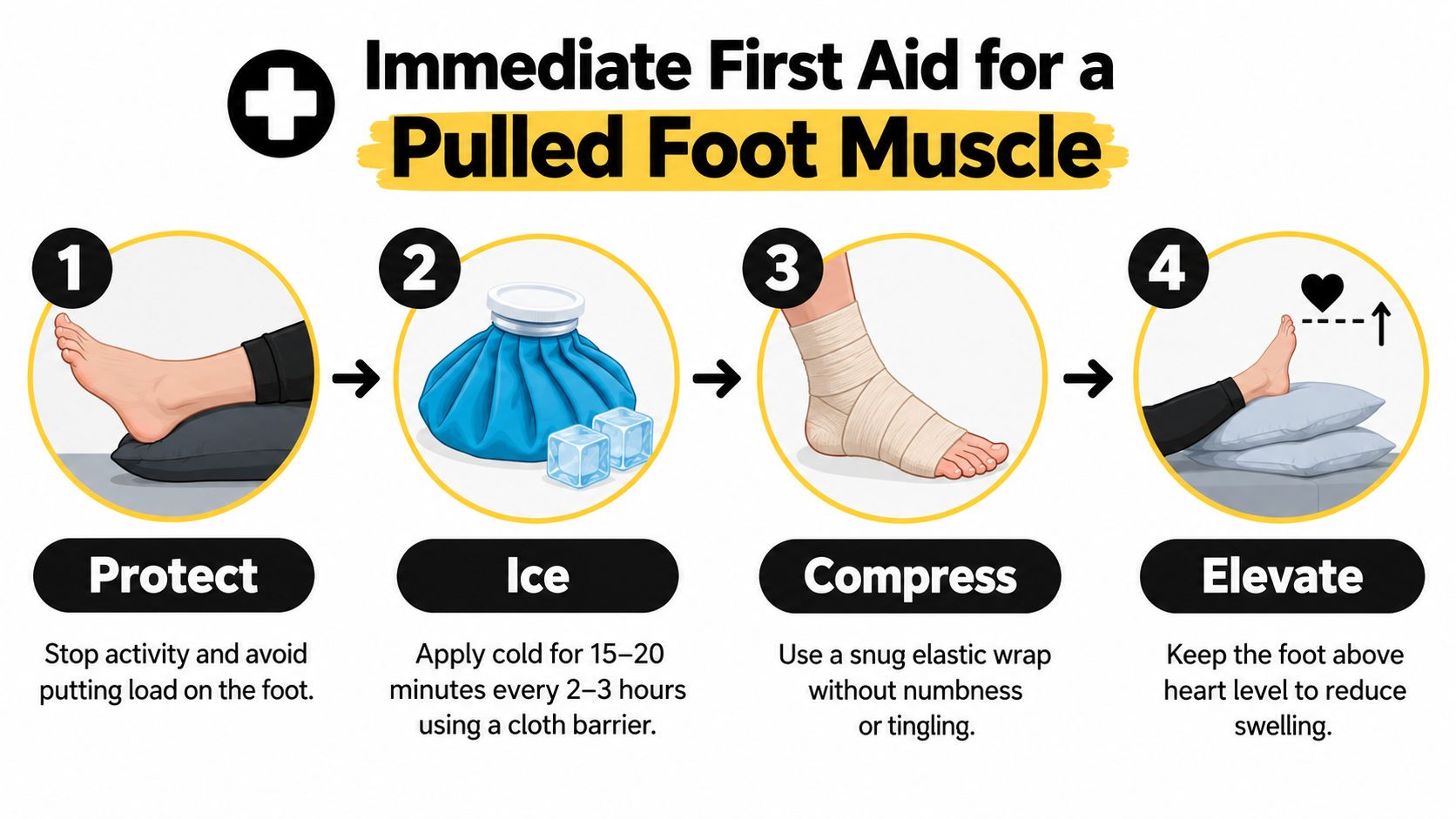 A four-step infographic illustrating the RICE method for immediate first aid treatment of a pulled foot muscle.