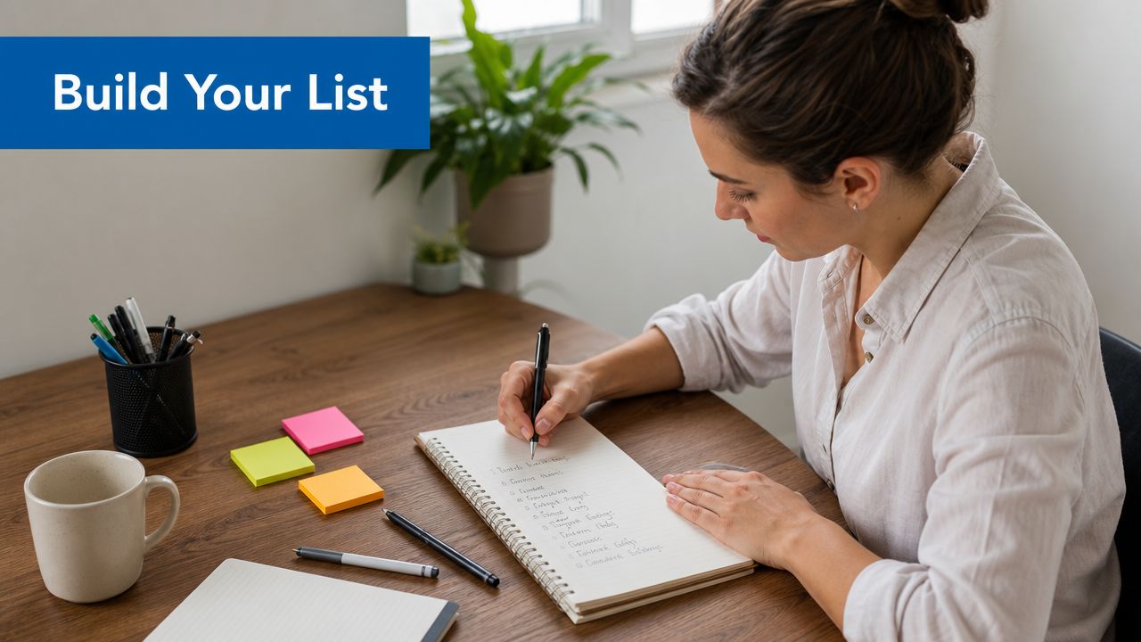 A woman writing a list in a notebook at her desk with office supplies nearby.