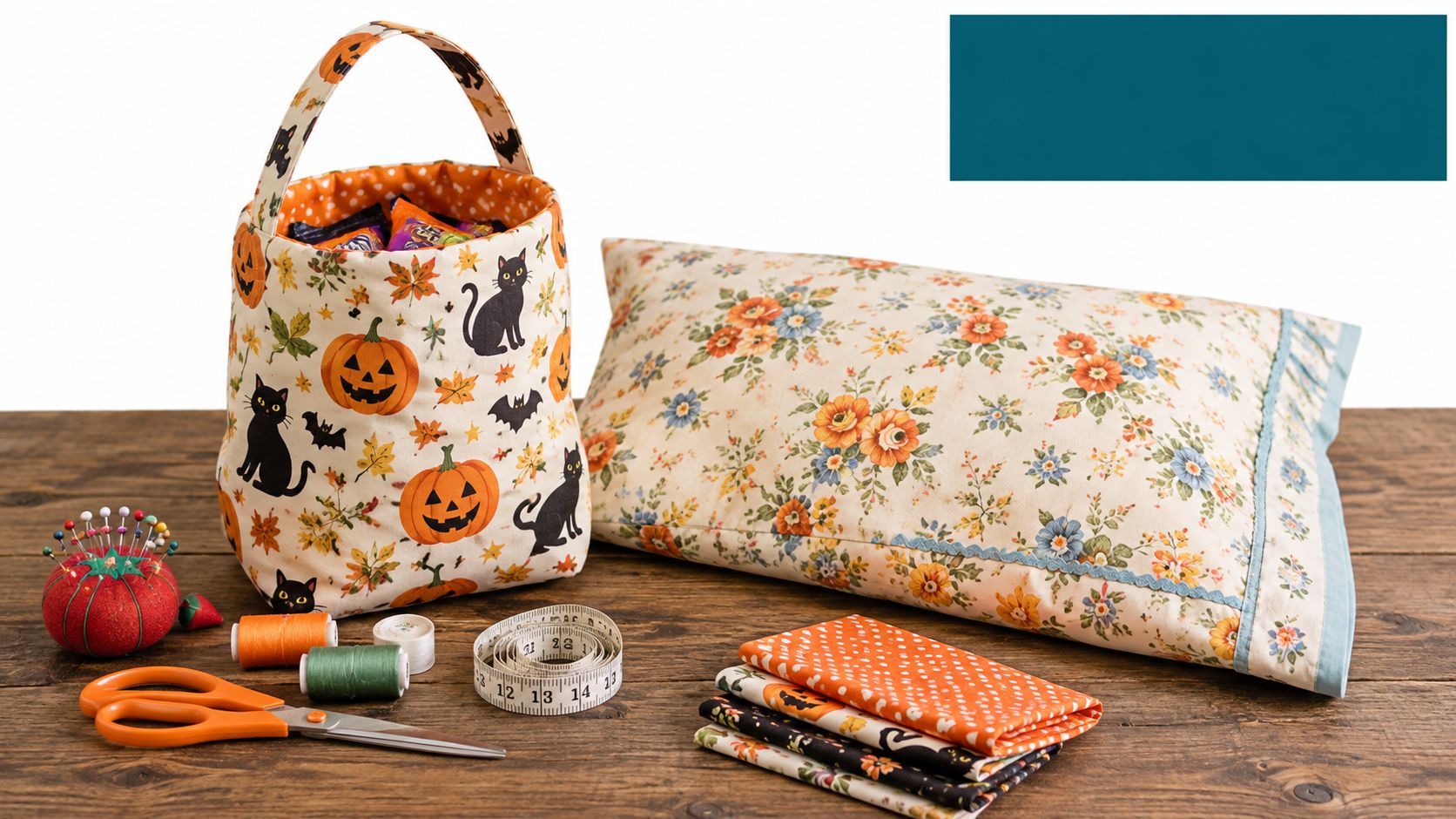 A Halloween-themed fabric basket with candy, a floral pillow, sewing tools, and fabric swatches on a wooden table.