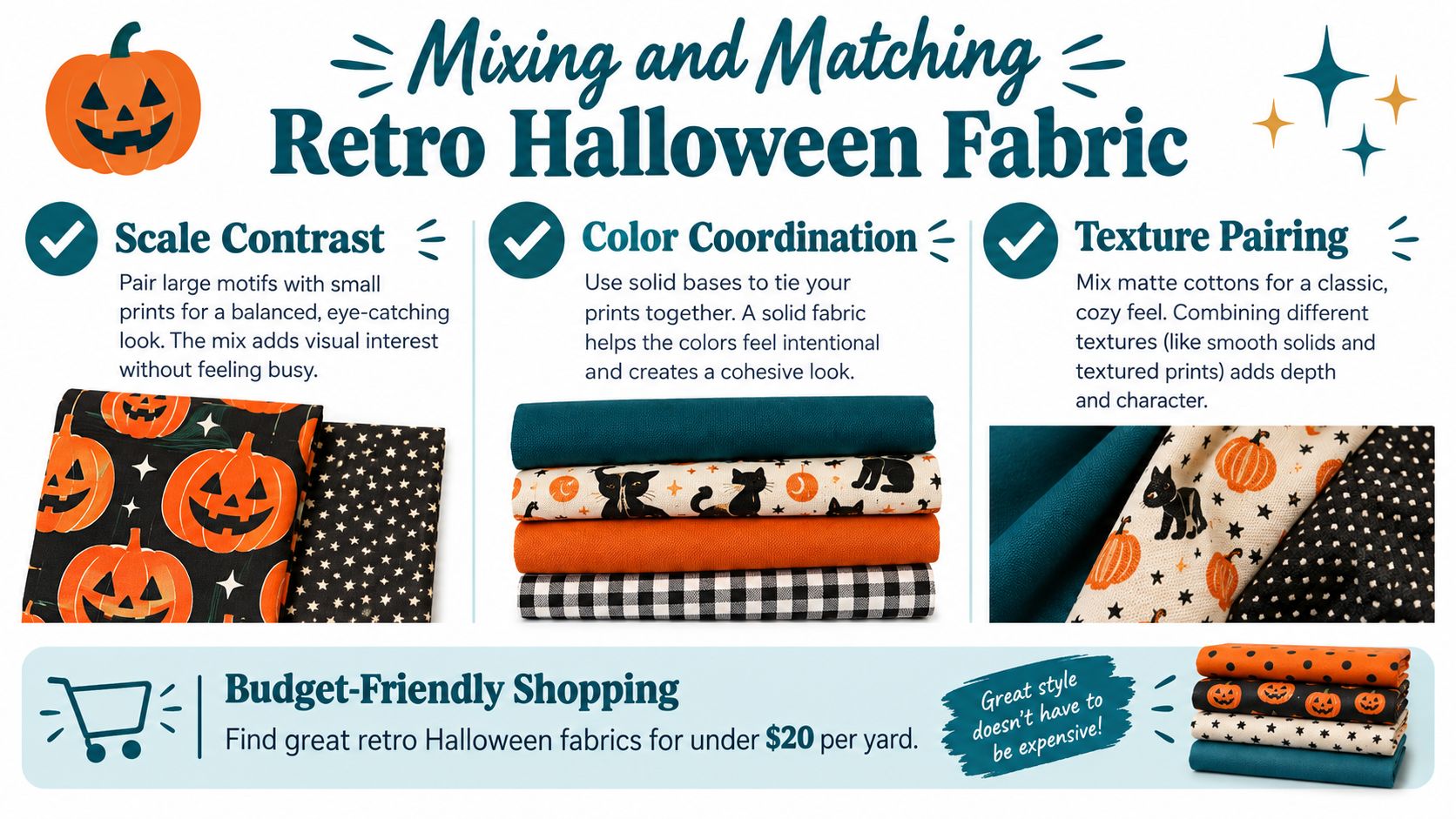 A guide on mixing and matching retro Halloween fabrics featuring design tips and examples of patterns.