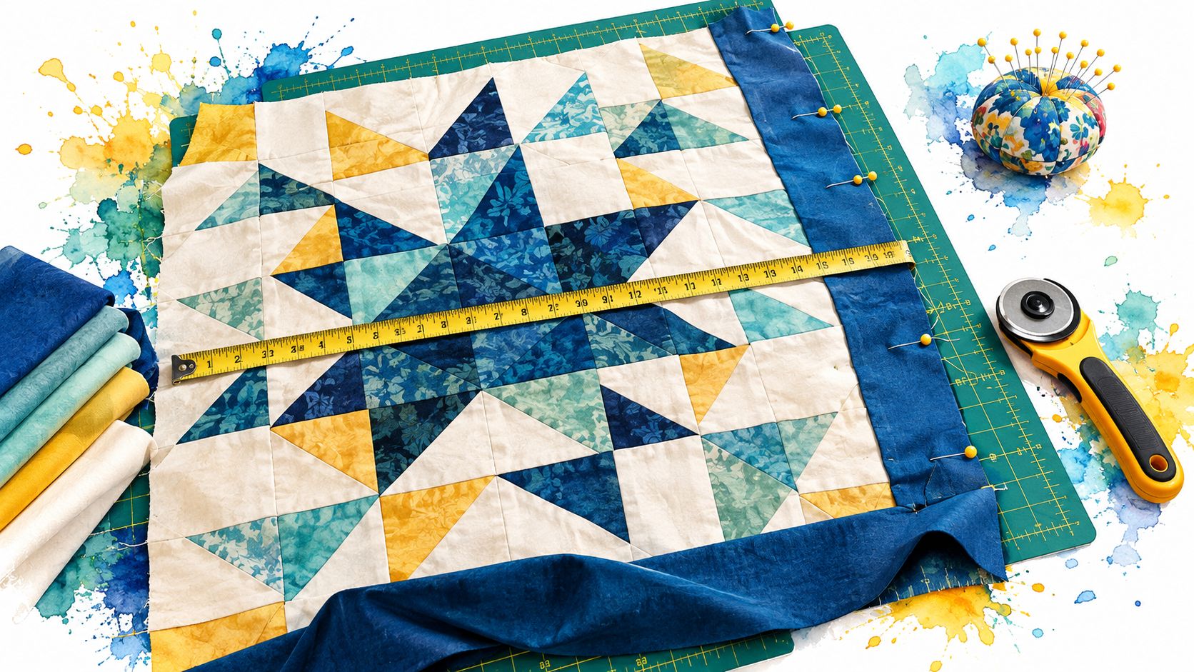 A patchwork star quilt block pinned to a cutting mat with a measuring tape and sewing tools.