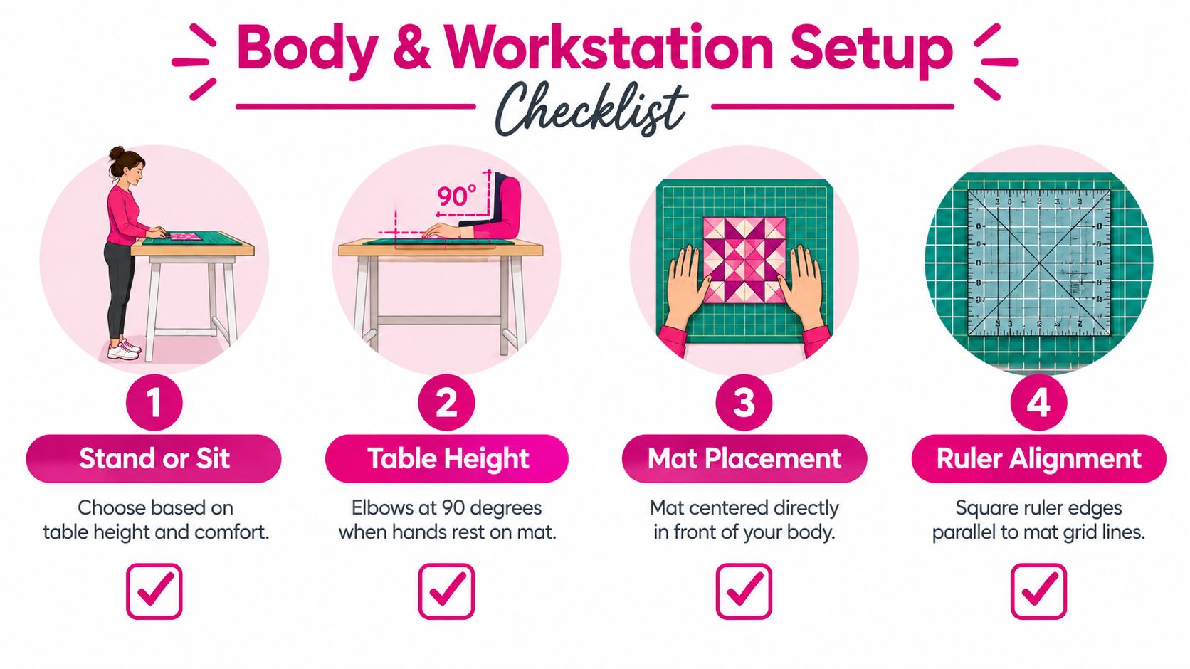 A four-step instructional infographic for proper body and workstation setup while using a rotary cutter.