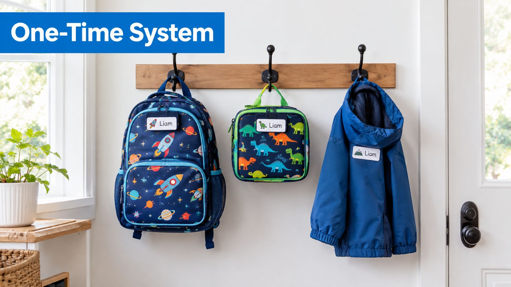 Three items, a rocket backpack, dinosaur lunch bag, and blue jacket, hanging on a wall coat rack.