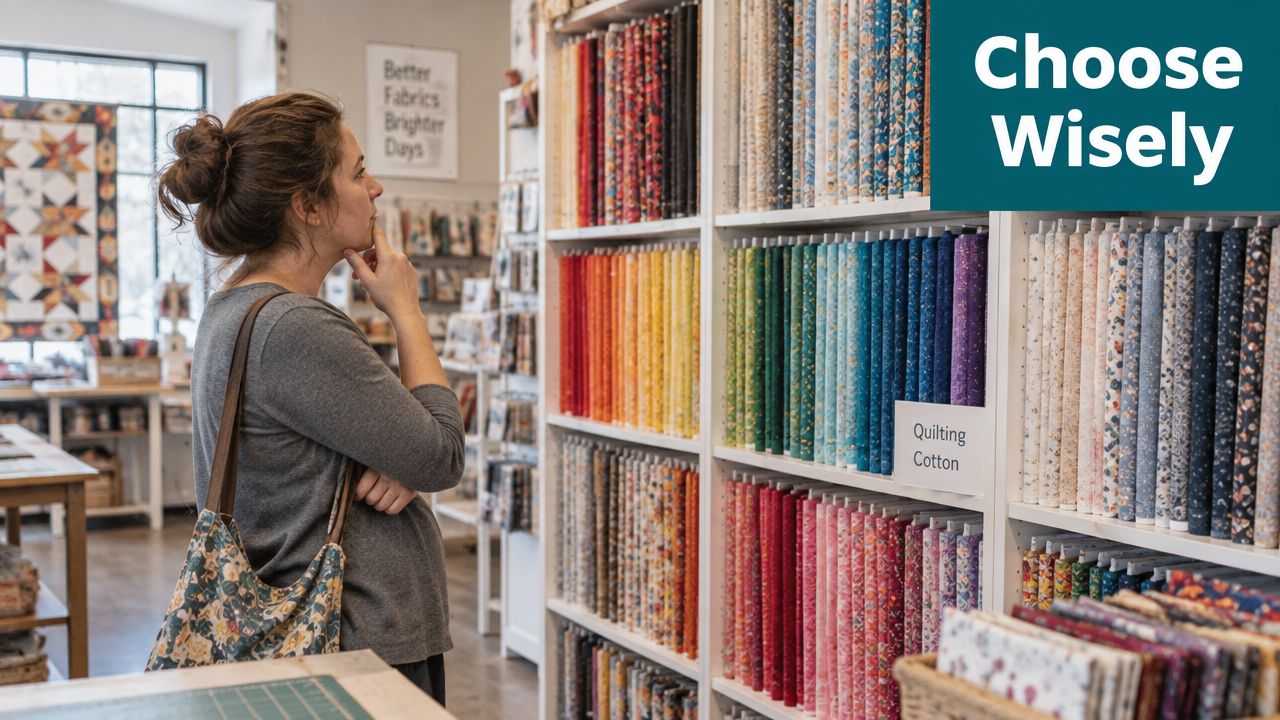 A woman choosing fabric from shelves organized by color in a craft store with quilting supplies.