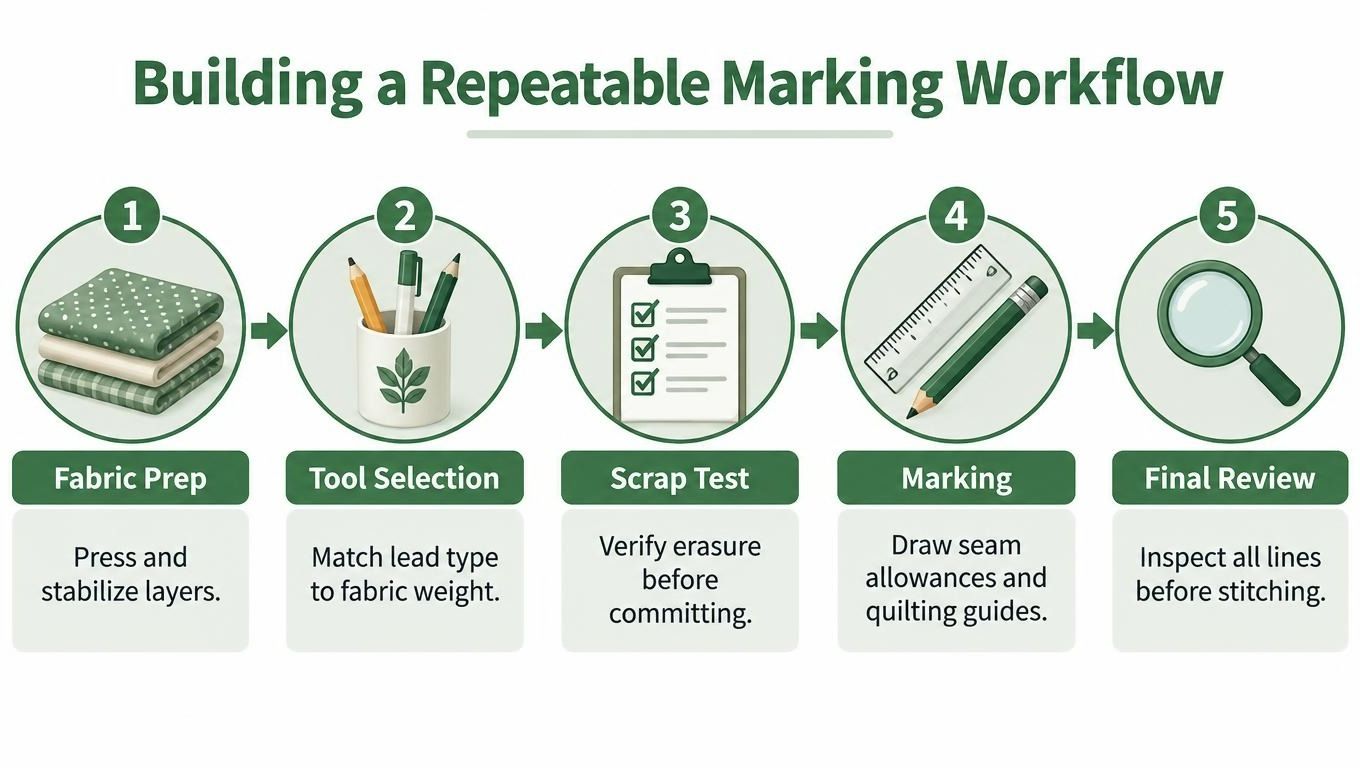An infographic showing a five-step repeatable marking workflow for quilters using fabric, tools, and testing procedures.