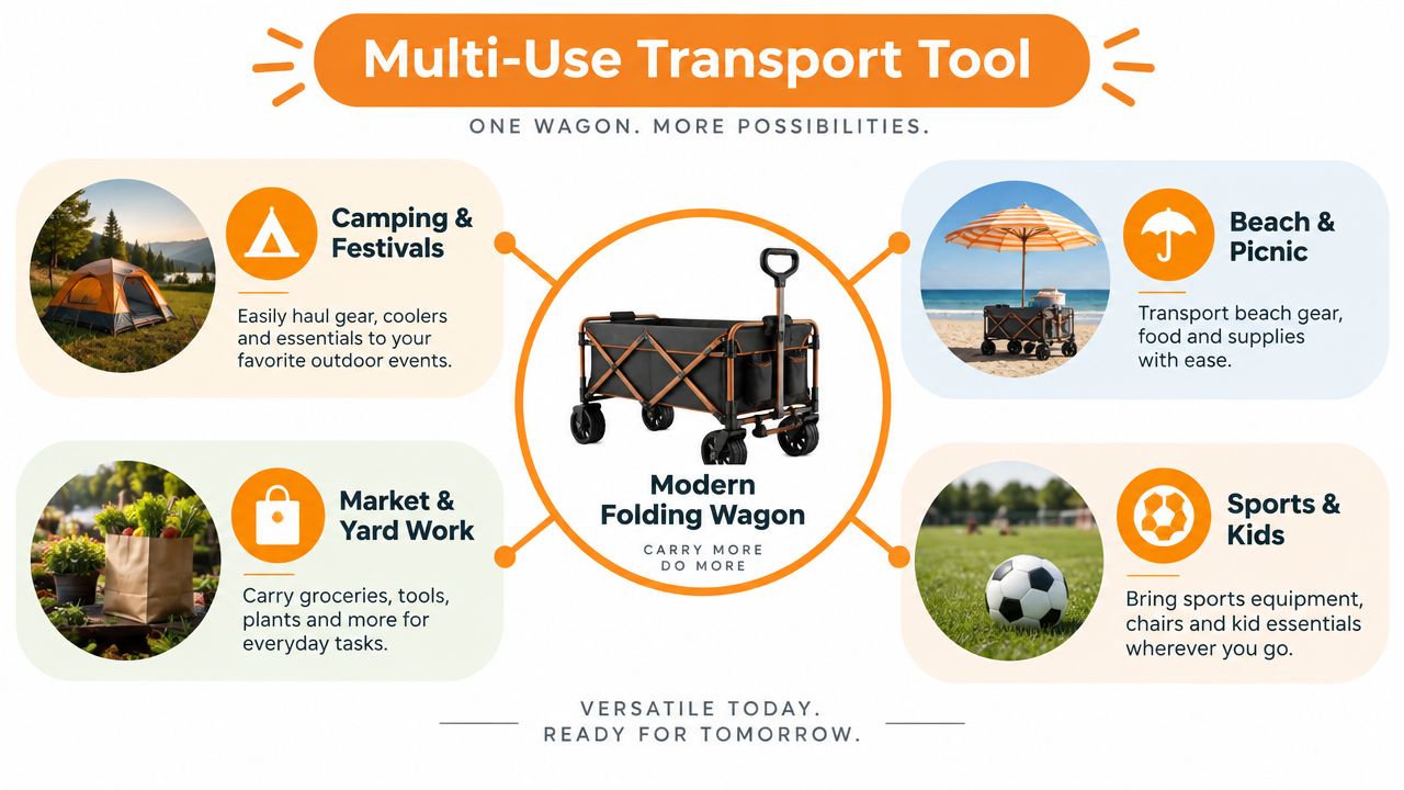 A versatile modern folding wagon shown with various uses including camping, beach trips, gardening, and sports events.