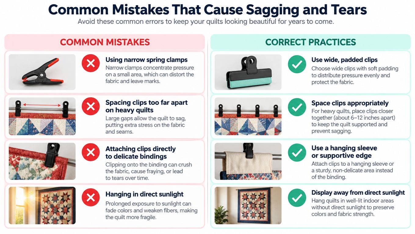 A chart illustrating common mistakes and correct practices for hanging quilts to prevent fabric damage.