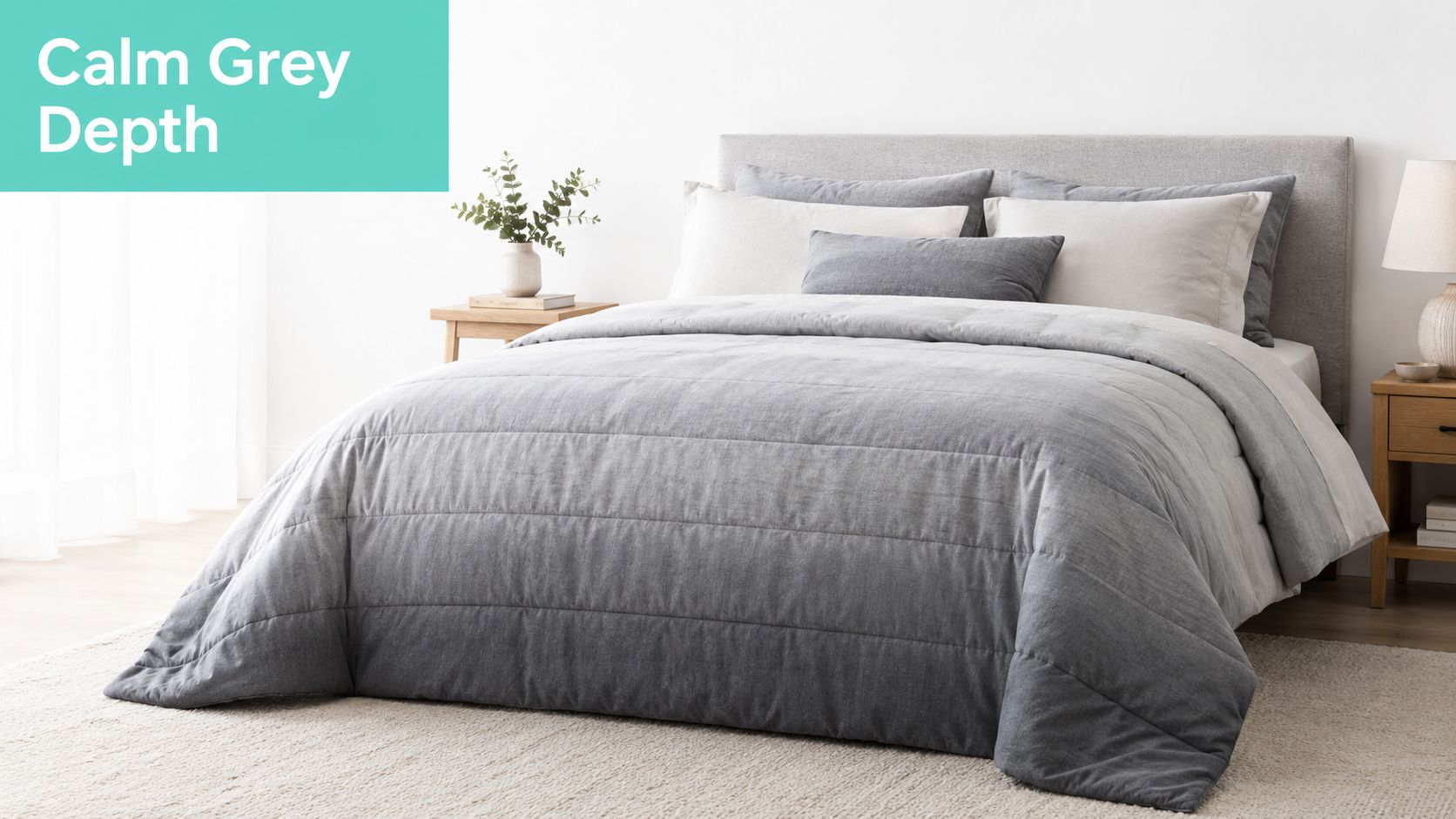 A neatly made bed featuring a grey ombre patterned quilt, soft pillows, and a modern wooden nightstand.