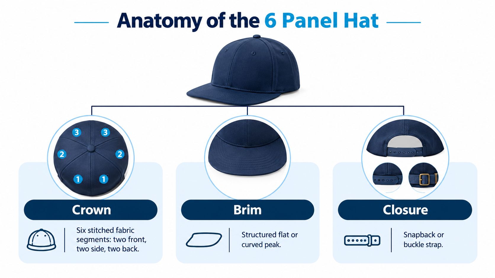 An educational infographic labeling the three main parts of a six panel hat: crown, brim, and closure.