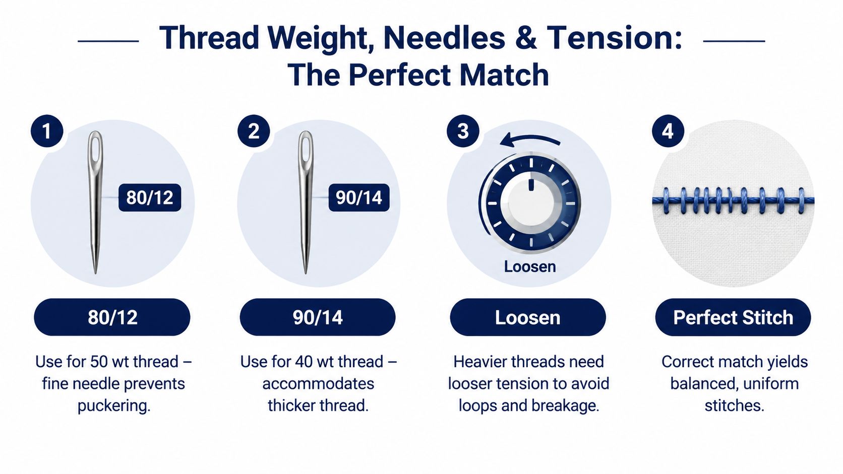 An infographic showing needle sizes 80/12 and 90/14 with tension settings for optimal quilting thread results.