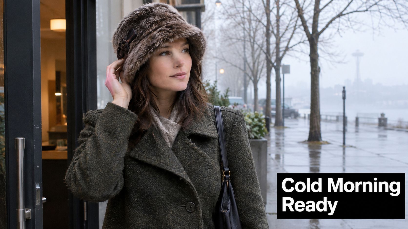A woman wearing a stylish faux fur hat and olive coat standing outside on a cold morning.