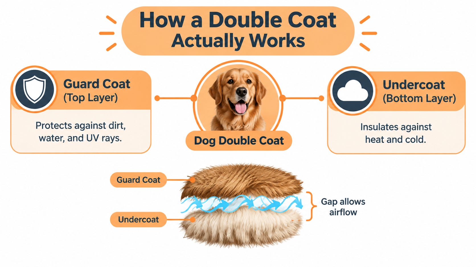A diagram explaining how a dog double coat works with guard coat and undercoat layers illustrated.