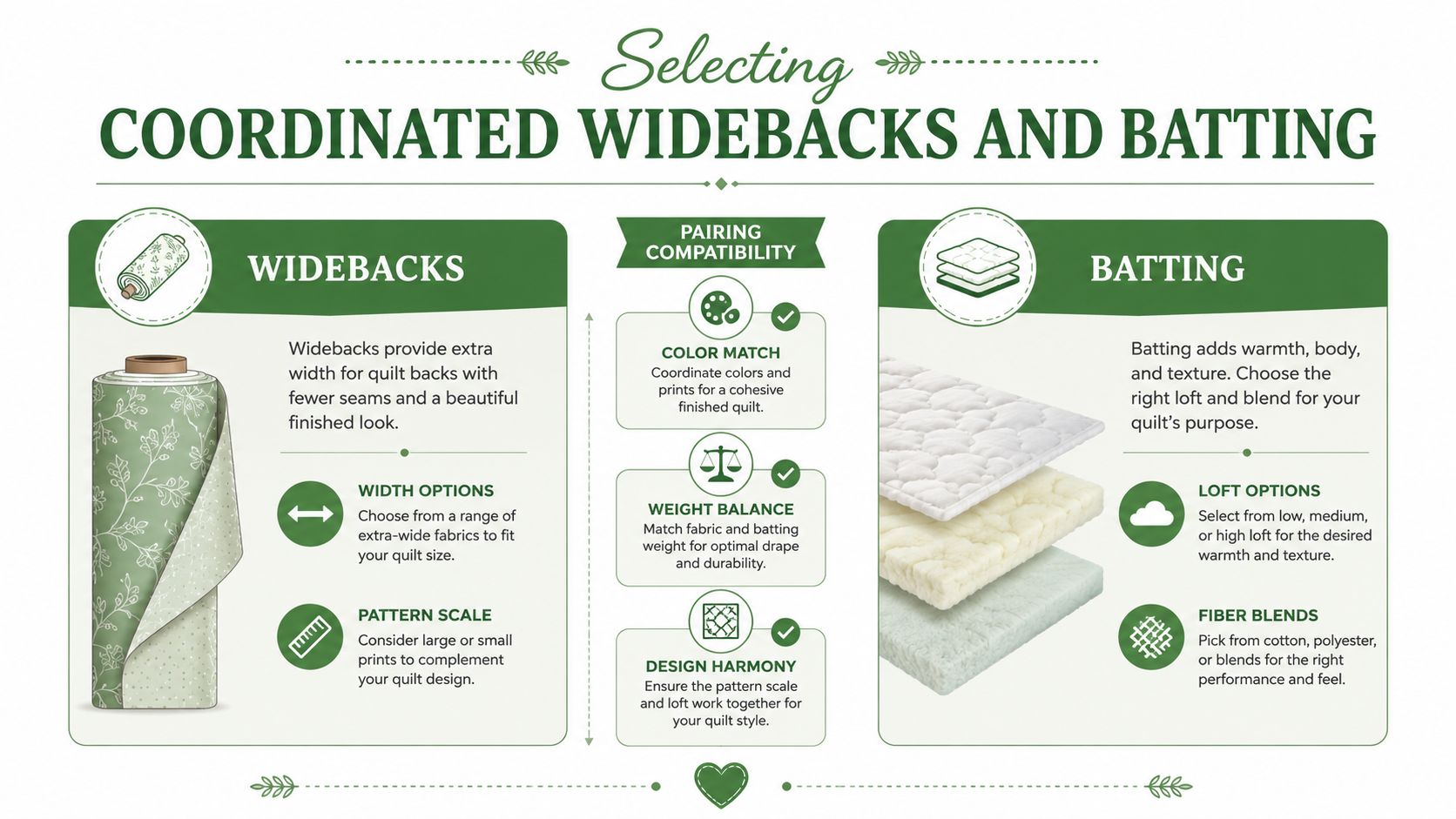 An educational infographic about selecting coordinating wideback fabrics and batting for professional quilting projects and designs.