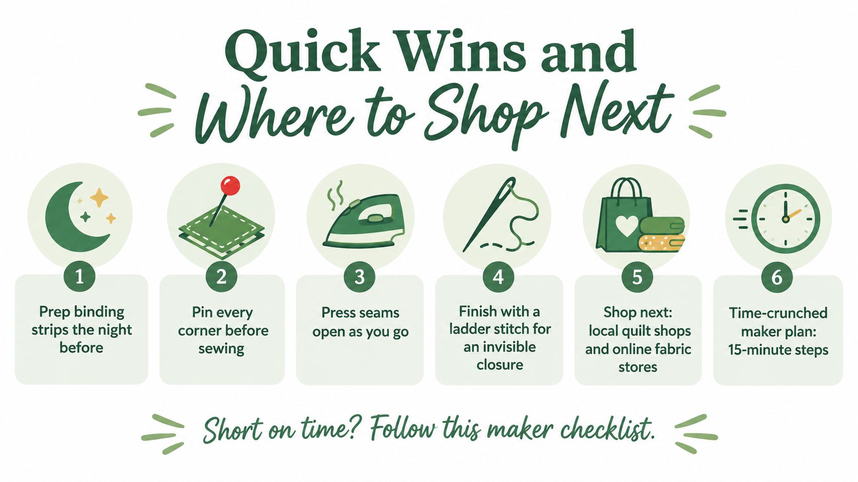 An infographic titled Quick Wins and Where to Shop Next listing six helpful quilting tips for makers.