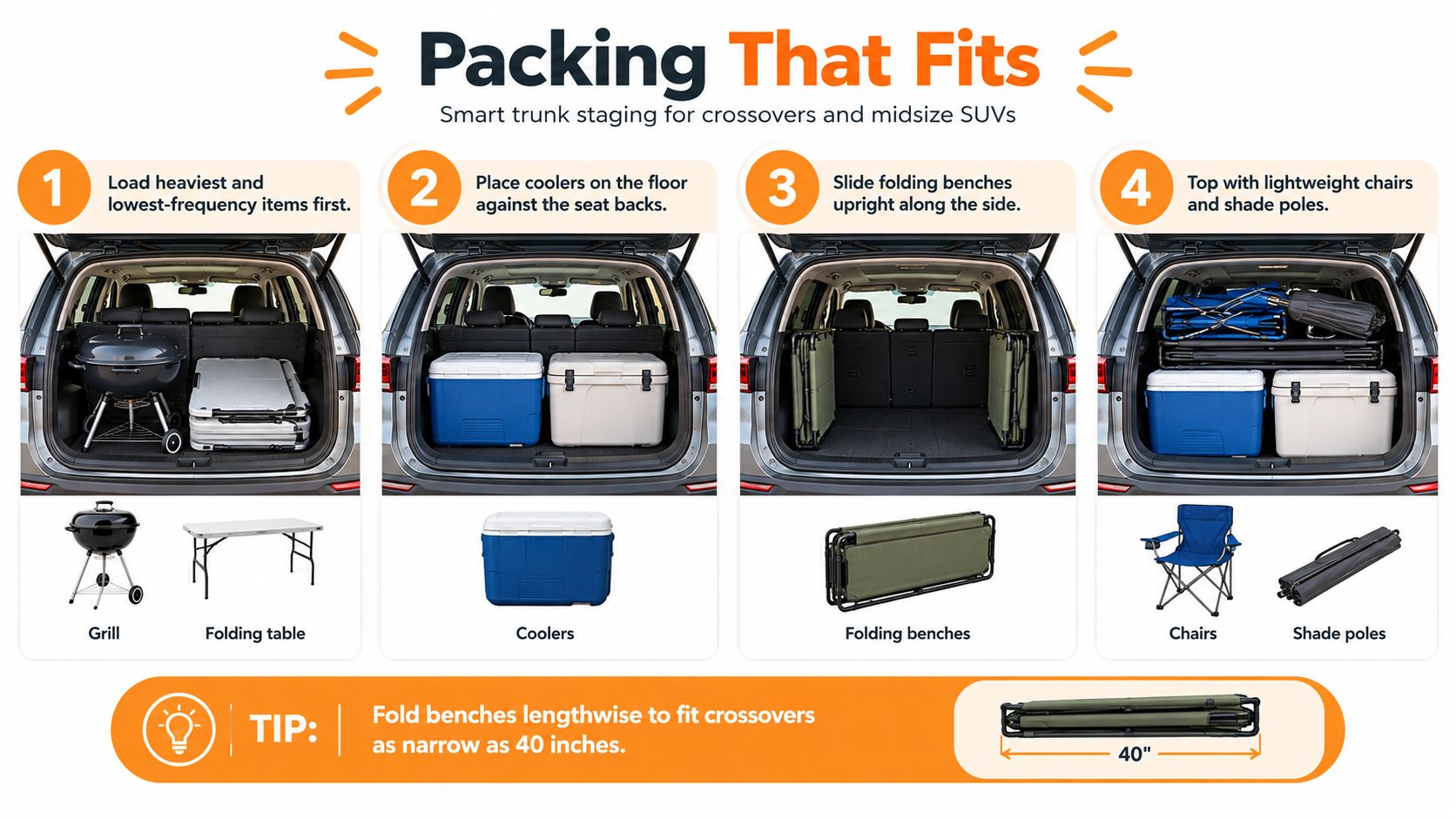 A four-step instructional guide on how to efficiently pack a crossover or midsize SUV trunk for camping.