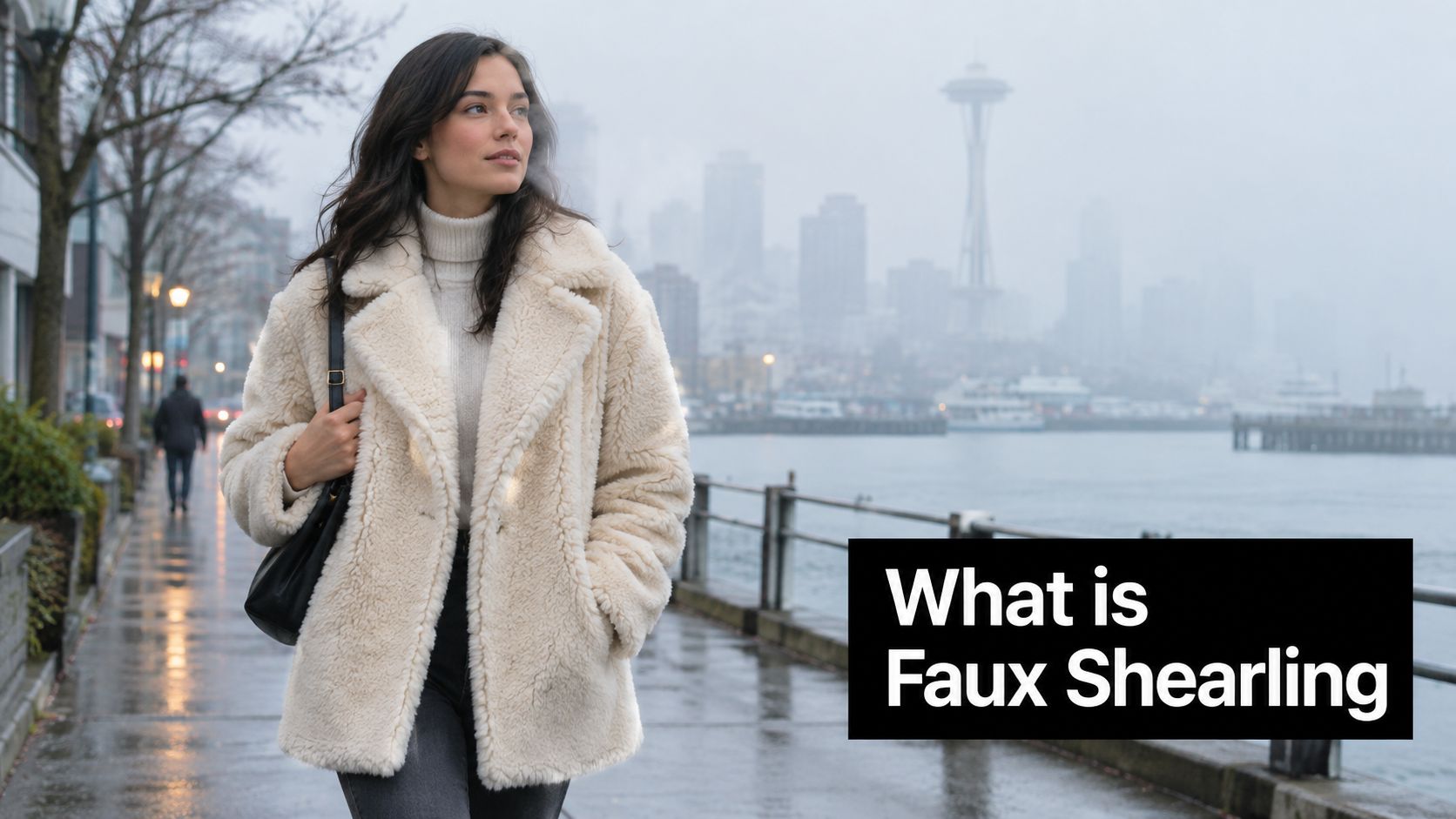 A young woman wearing a cream faux shearling coat walking along a rainy waterfront in Seattle.