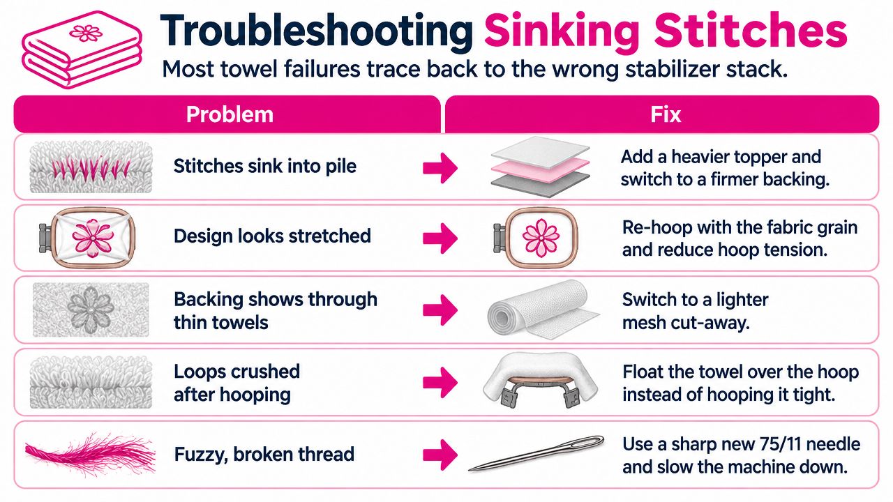 A troubleshooting infographic guide showing common embroidery problems on towels and their corresponding solutions for better results.