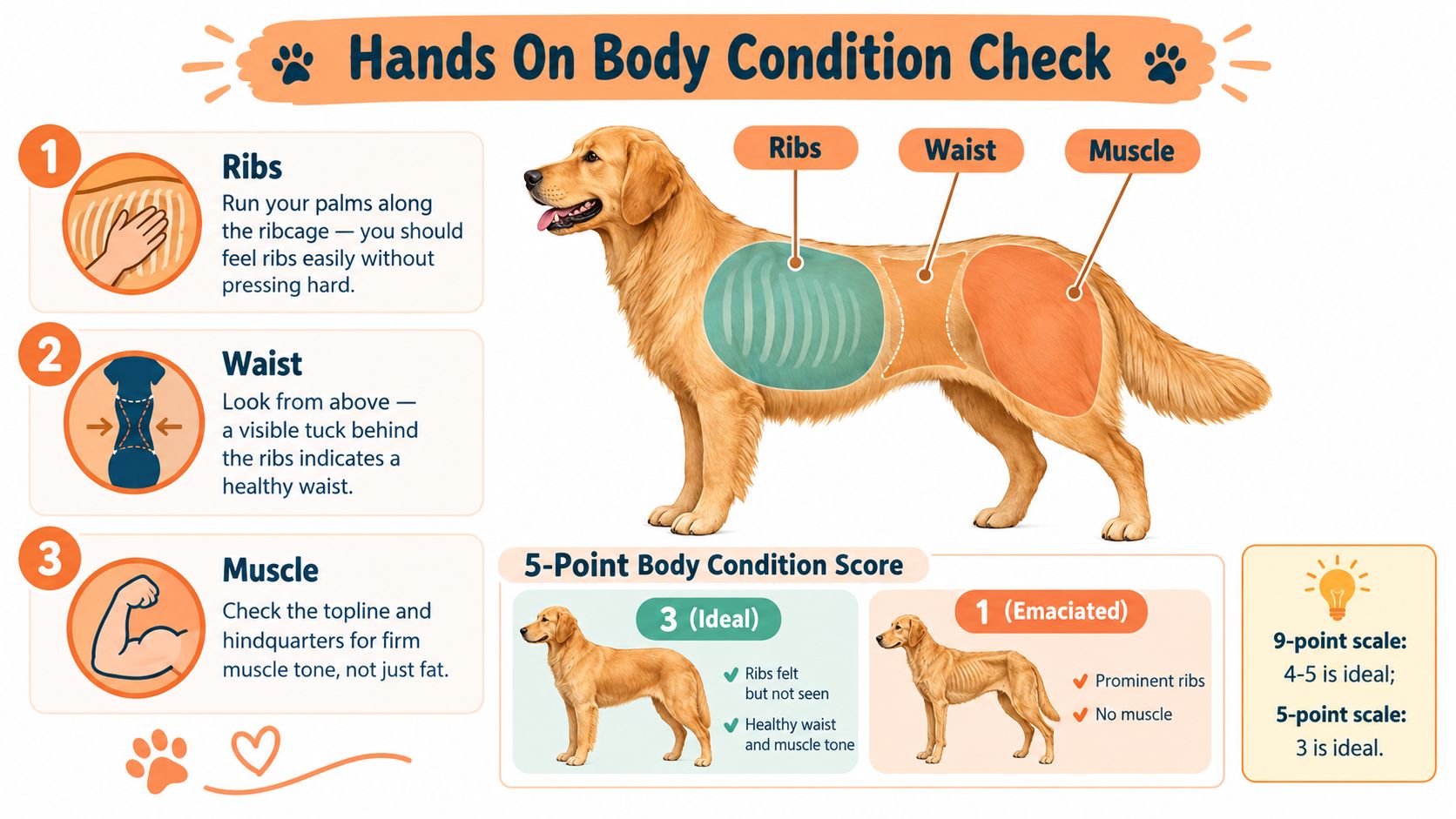 An educational infographic illustrating a hands-on guide for assessing a dog's body condition and weight status.