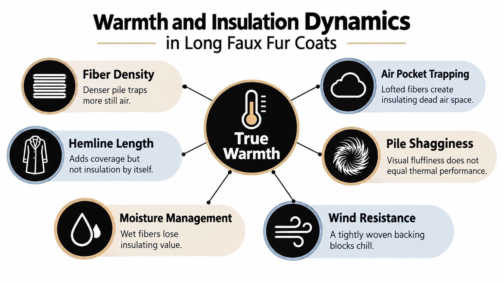 An infographic detailing the factors influencing warmth and insulation dynamics in long faux fur coats.