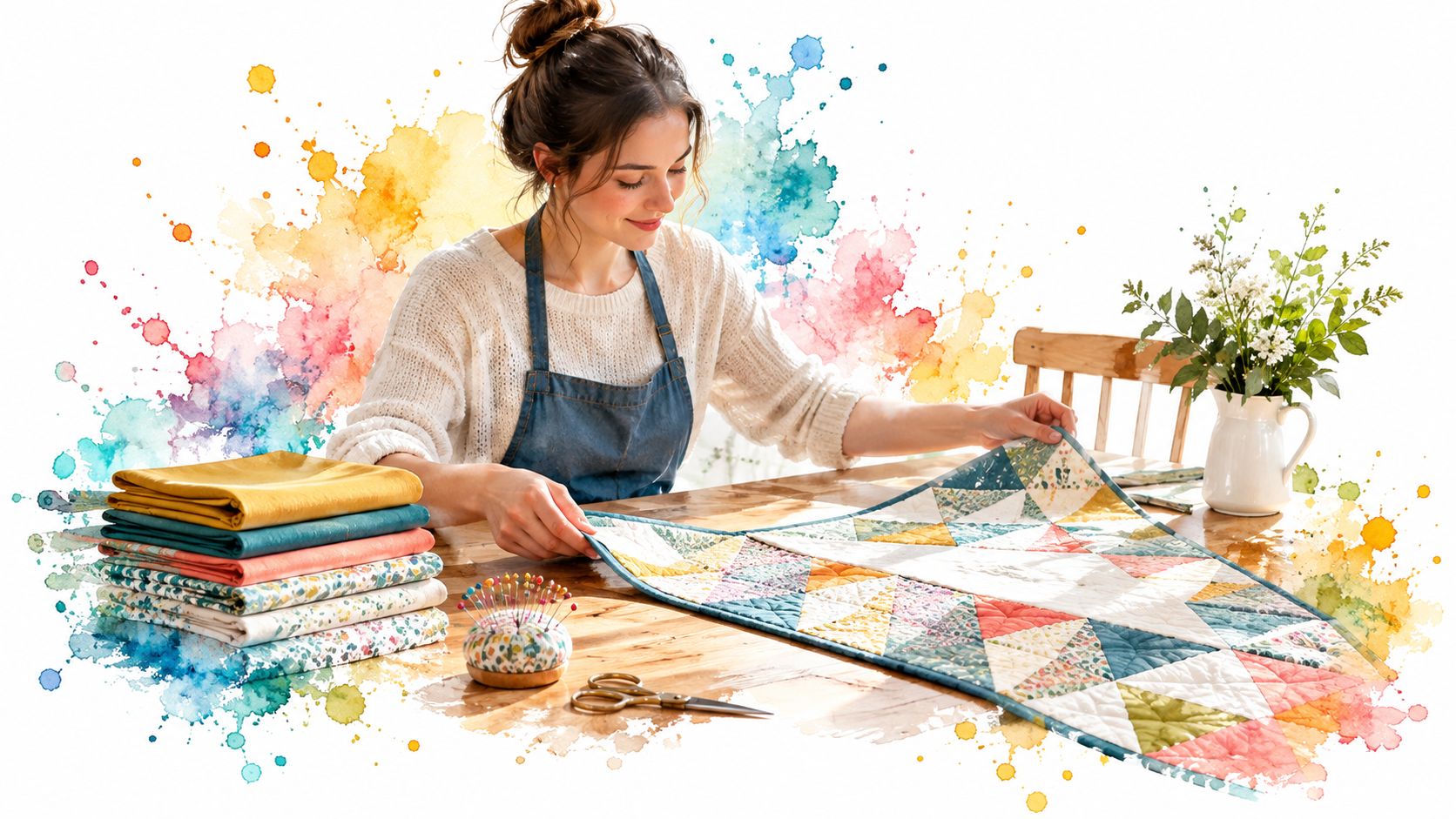 A woman working on a handmade quilted table runner at a wooden table in a craft room.