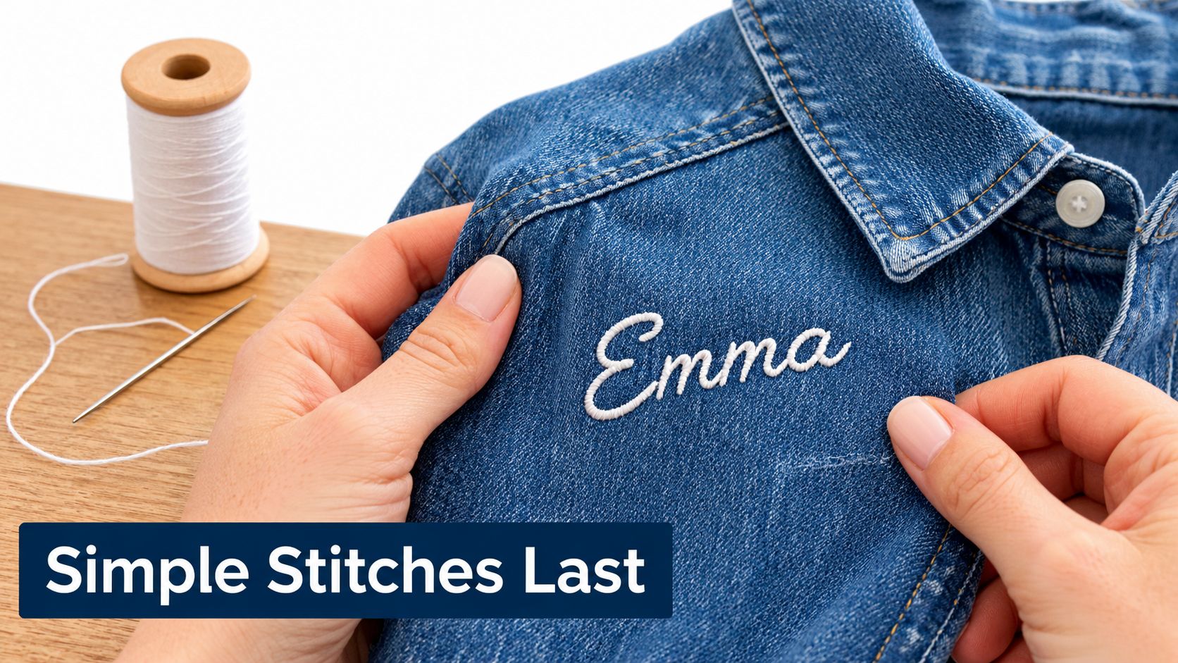 A pair of hands embroidering the name Emma onto a blue denim shirt with white thread.