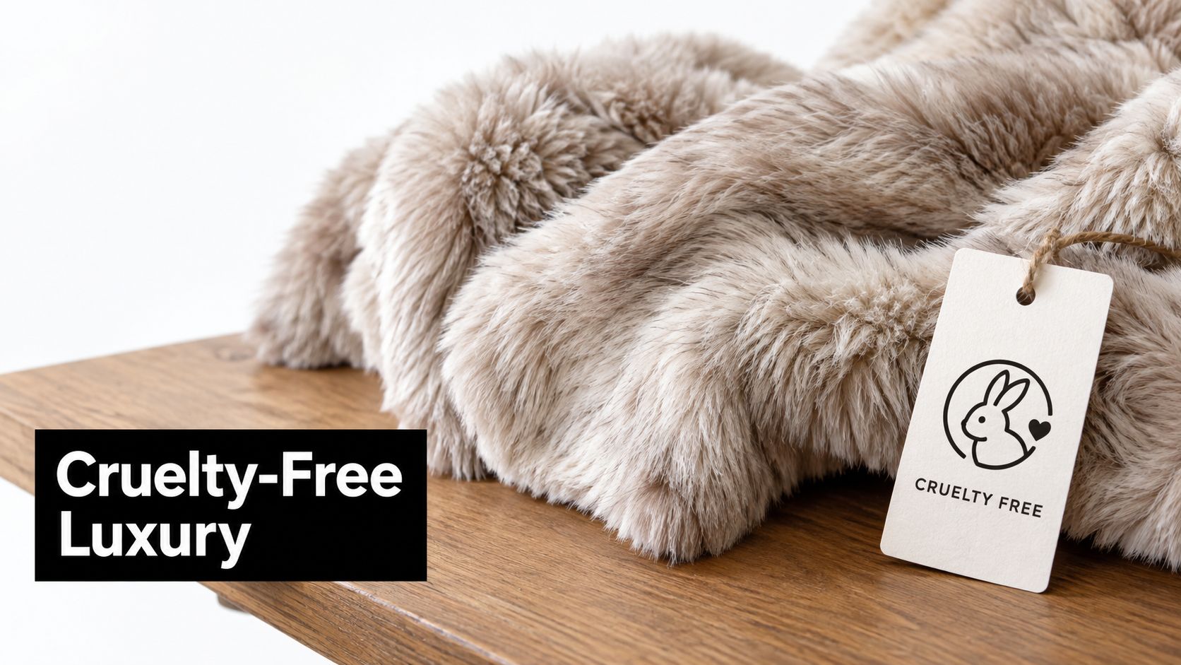 A soft, beige faux fur blanket resting on a wooden table with a cruelty free rabbit tag.
