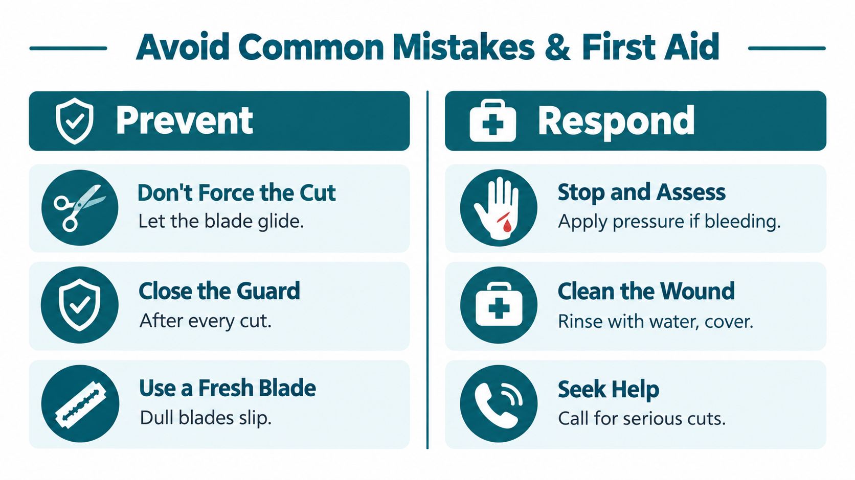 A safety infographic titled Avoid Common Mistakes and First Aid showing preventive tips and emergency response steps.