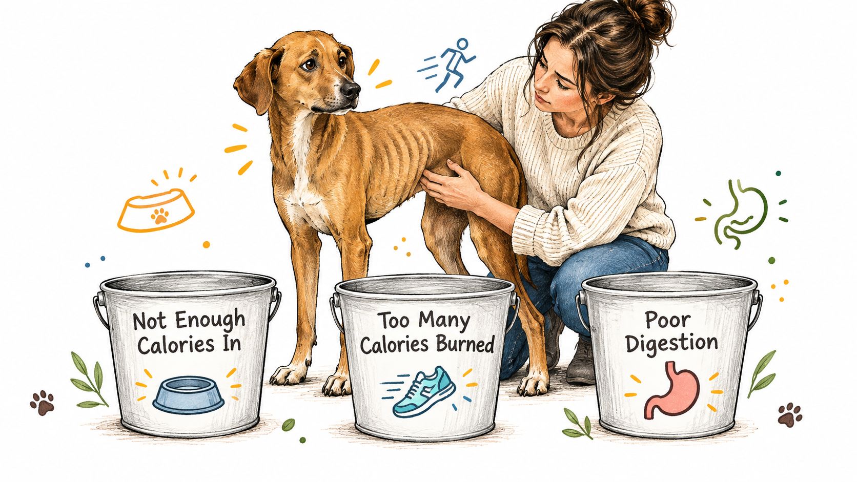 A concerned woman checks the ribs of an underweight dog, illustrating potential causes like insufficient calories or digestive issues.