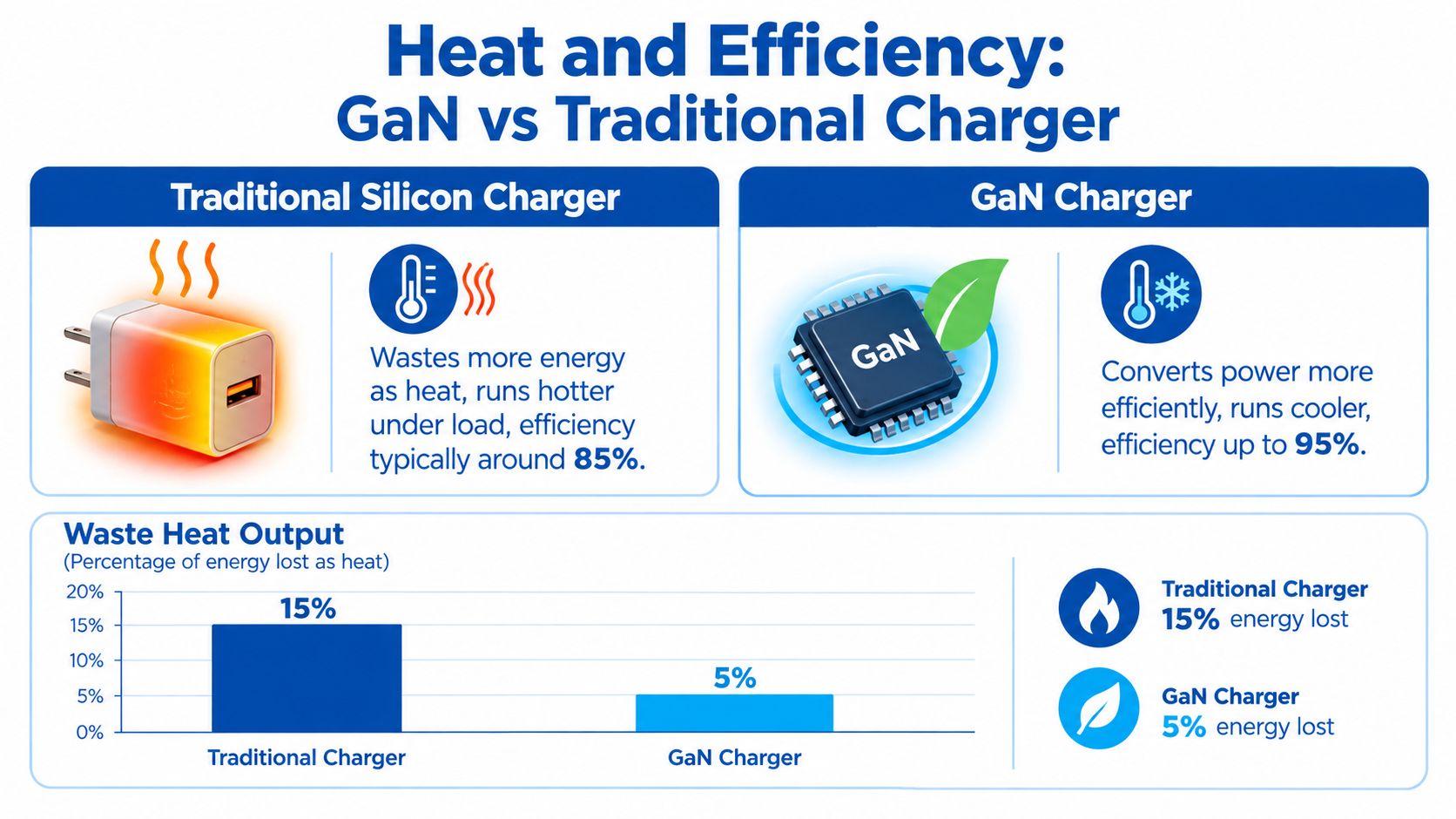 A comparison infographic showing that GaN chargers are more efficient and run cooler than traditional silicon chargers.