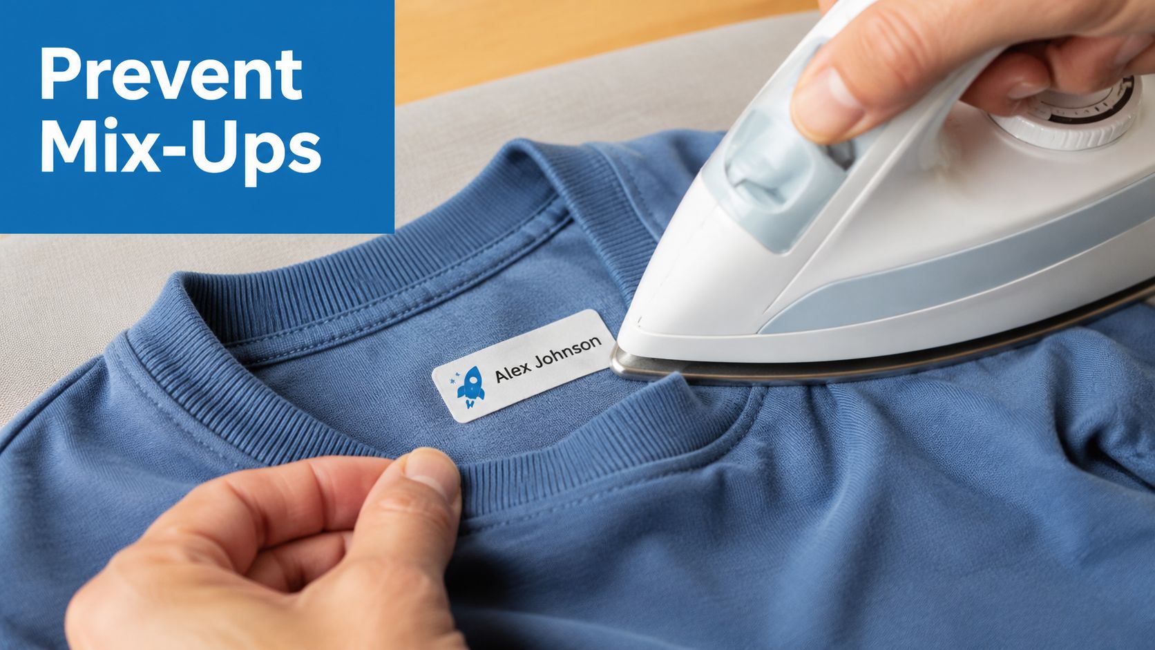 A hand uses a clothes iron to apply an iron-on personalized label to a blue t-shirt.