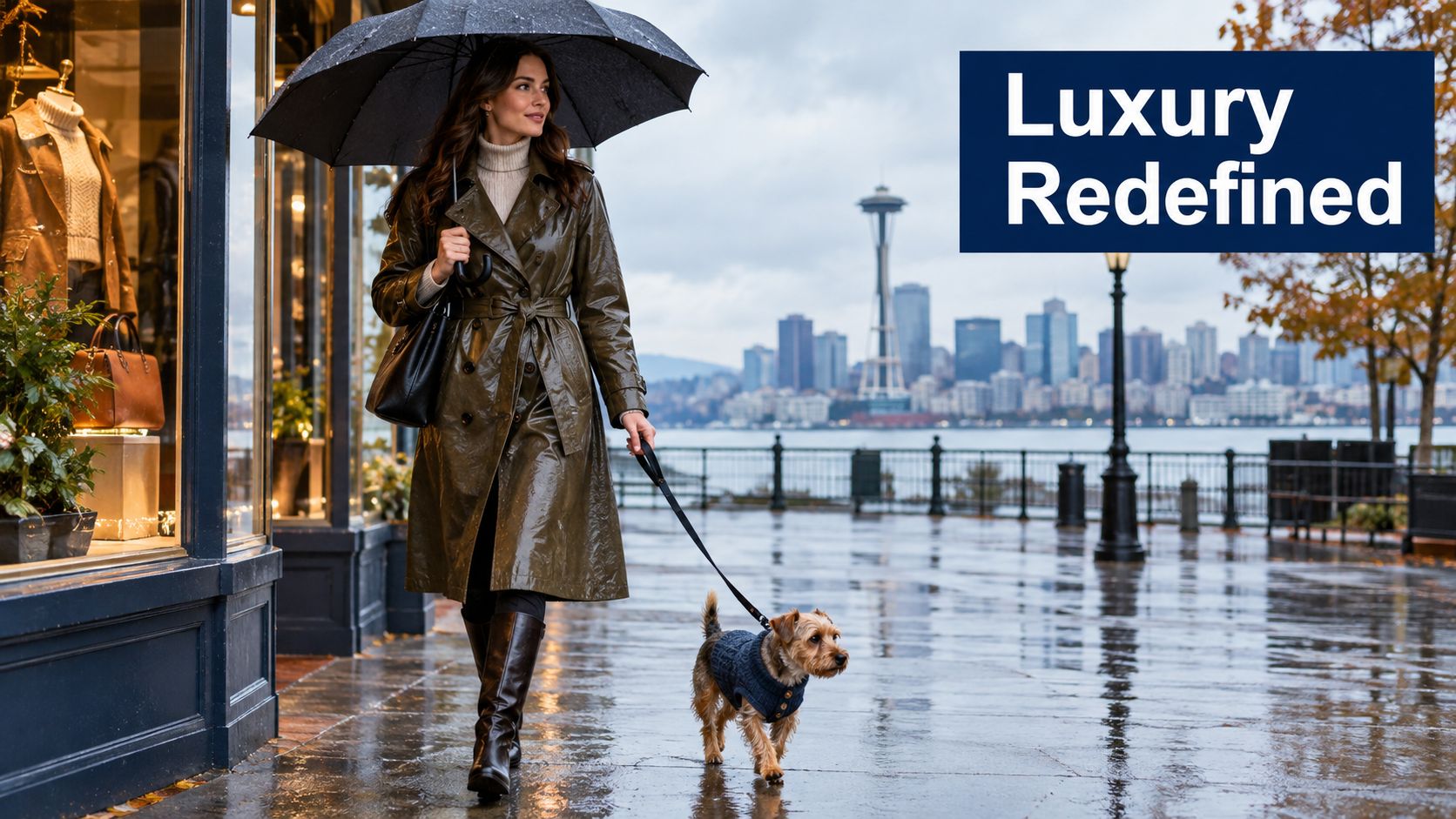 A stylish woman walking her small dog wearing a sweater along a rainy Seattle waterfront sidewalk.