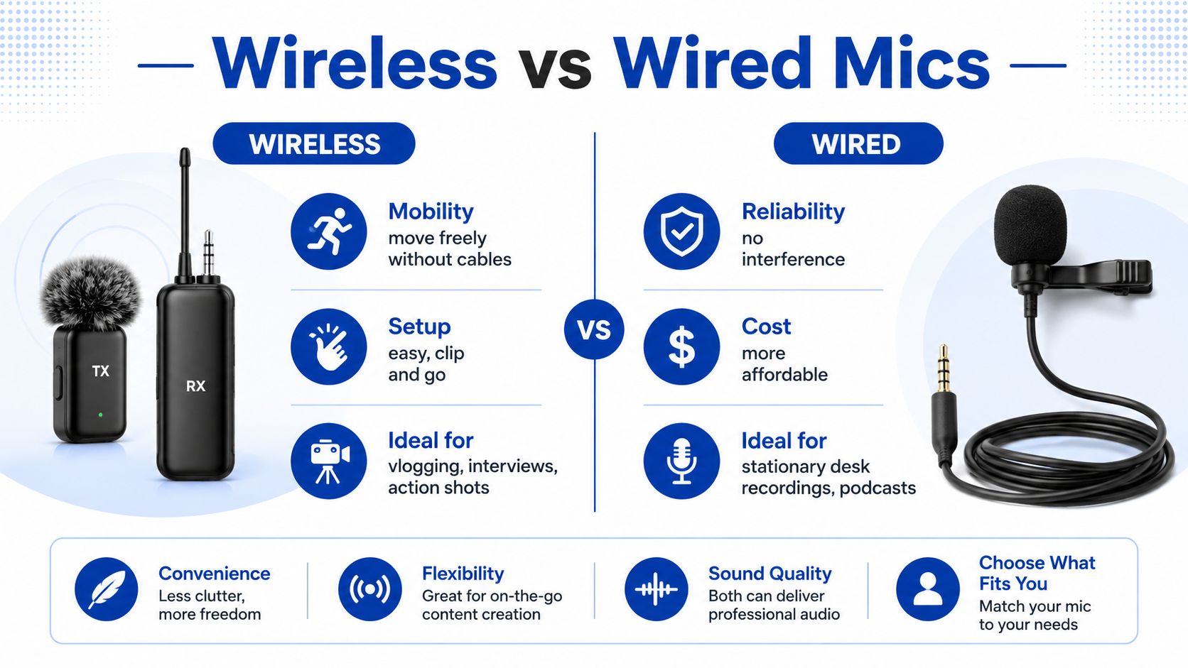 A comparison infographic between wireless and wired microphones, highlighting their respective benefits for different recording setups.