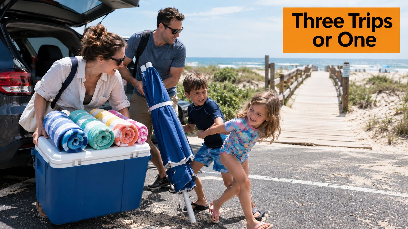 A family carrying a large cooler, beach umbrella, and towels from their car toward the beach path.