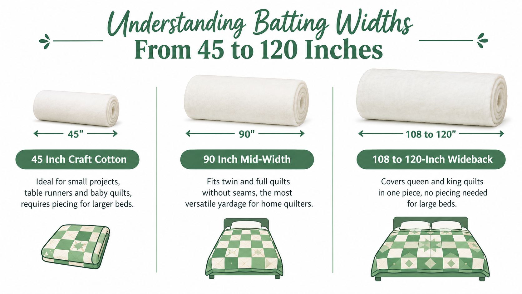 A visual guide comparing different cotton batting widths from 45 inches to 120 inches for quilting projects.