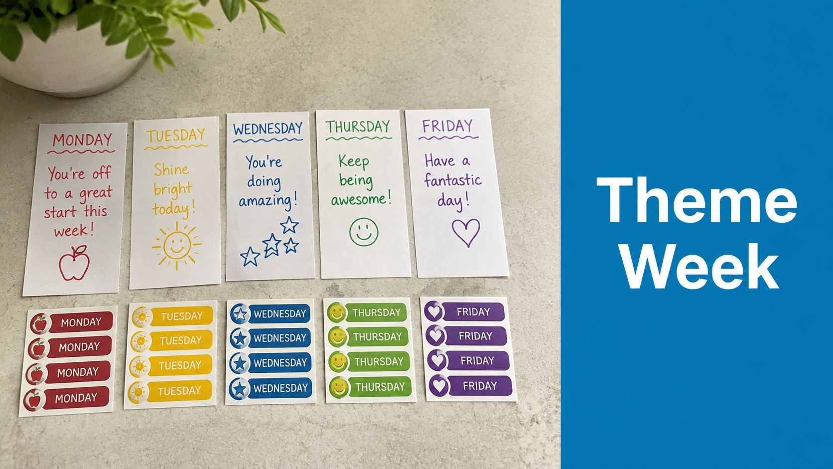 Set of encouraging notes and corresponding stickers for each day of the school week on a table.