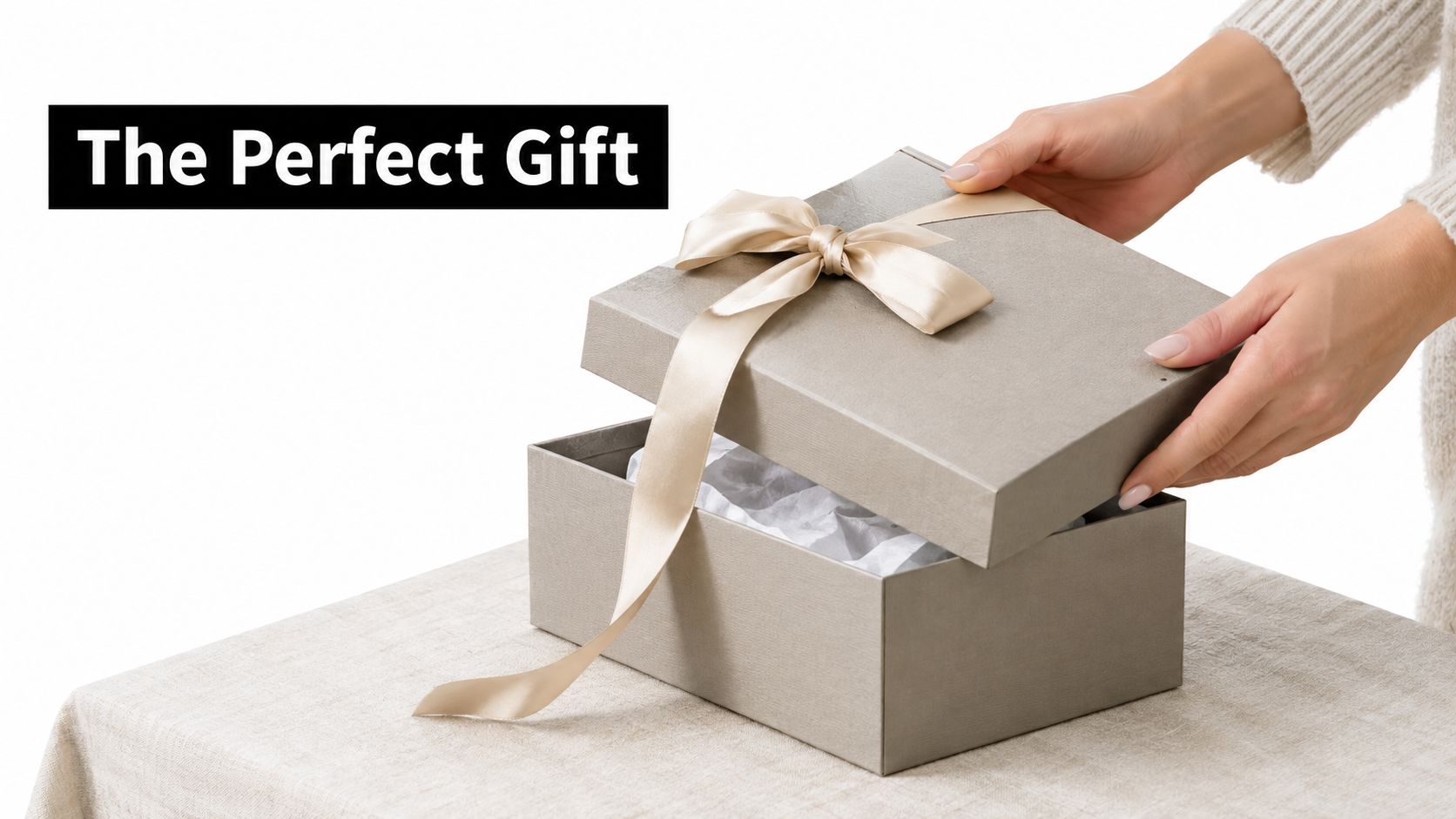 A person opens a elegant gray gift box with a satin ribbon on a linen tablecloth.