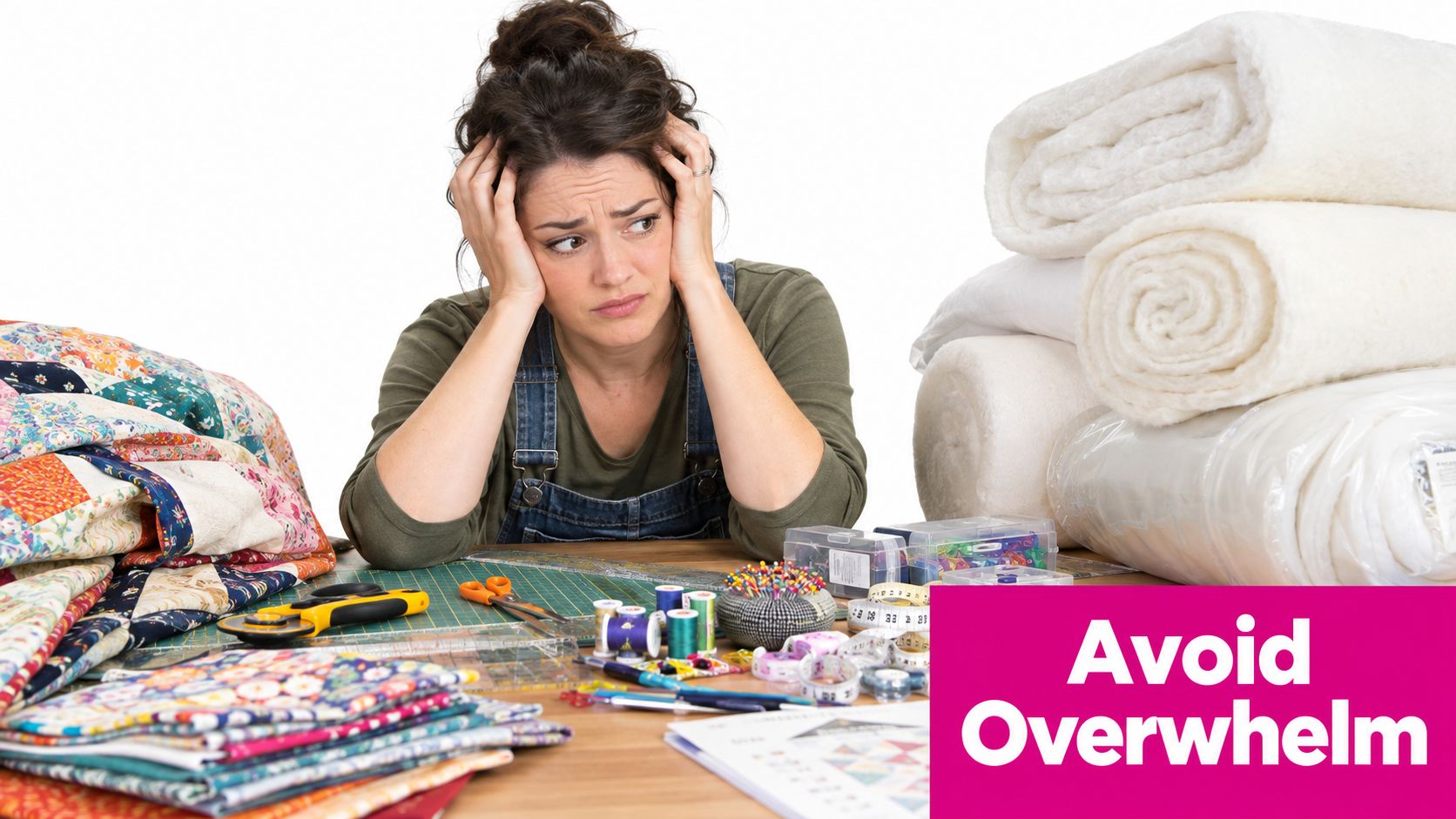 A woman looks stressed while sewing, surrounded by quilt fabric, batting, and various quilting tools.