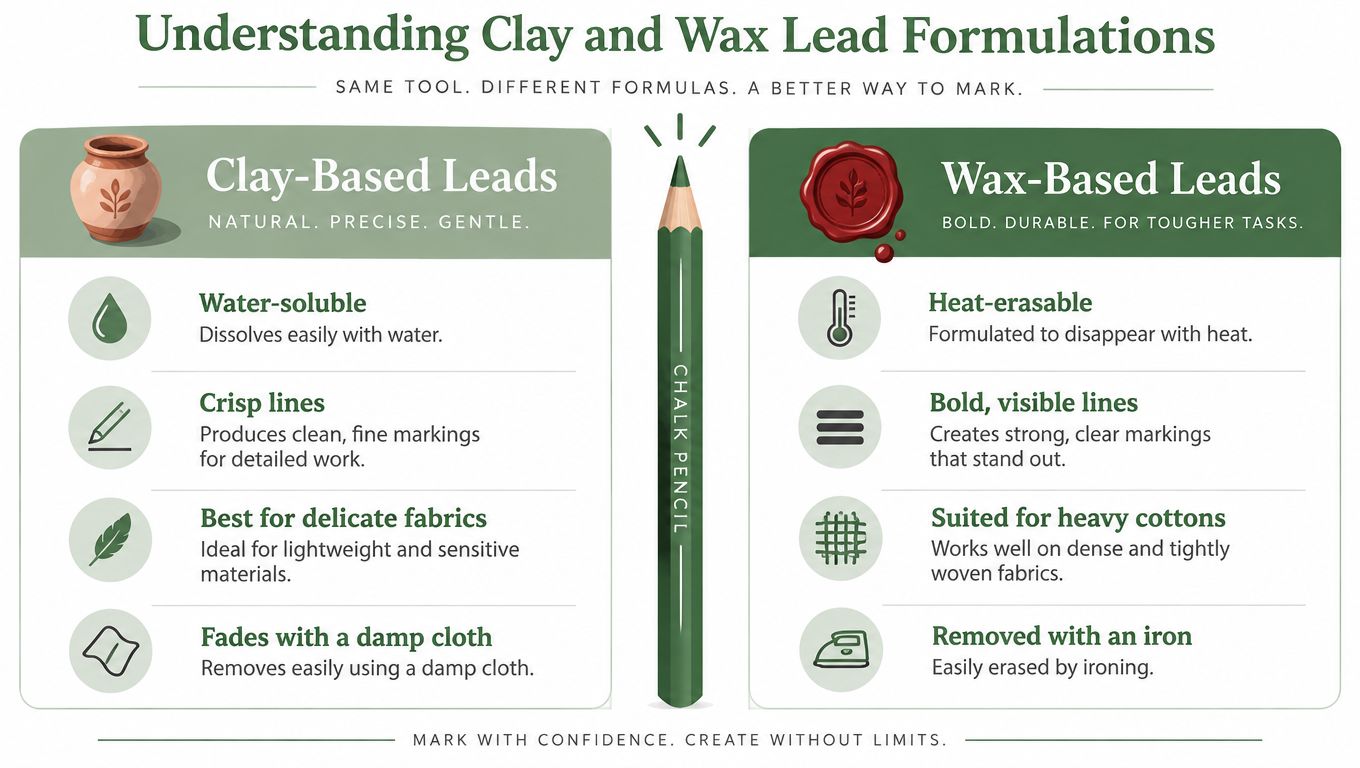 A comparison chart explaining the differences between clay-based and wax-based fabric chalk pencil lead formulations.