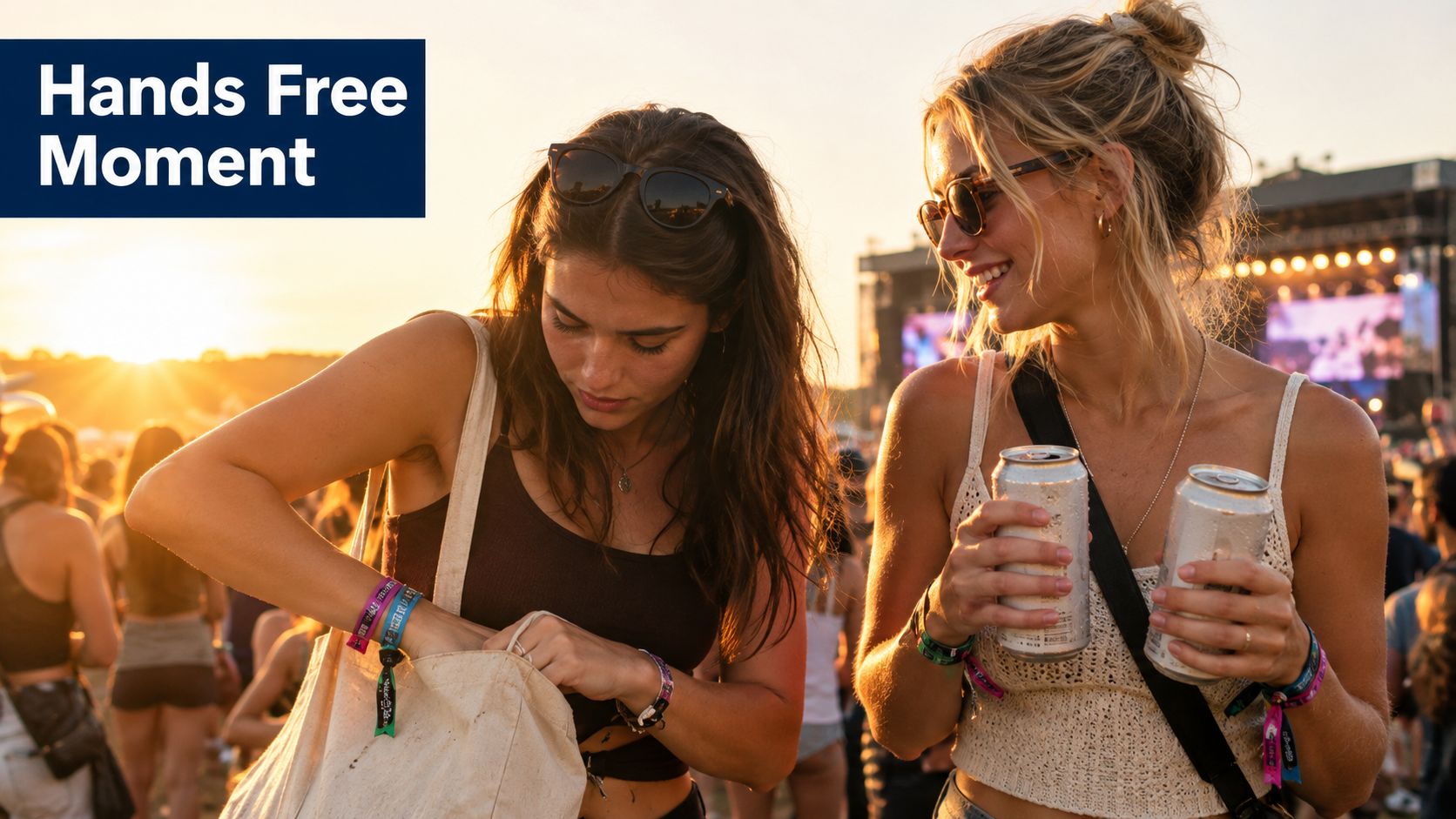Two women enjoying a sunny outdoor music festival while holding drinks and carrying a tote bag.