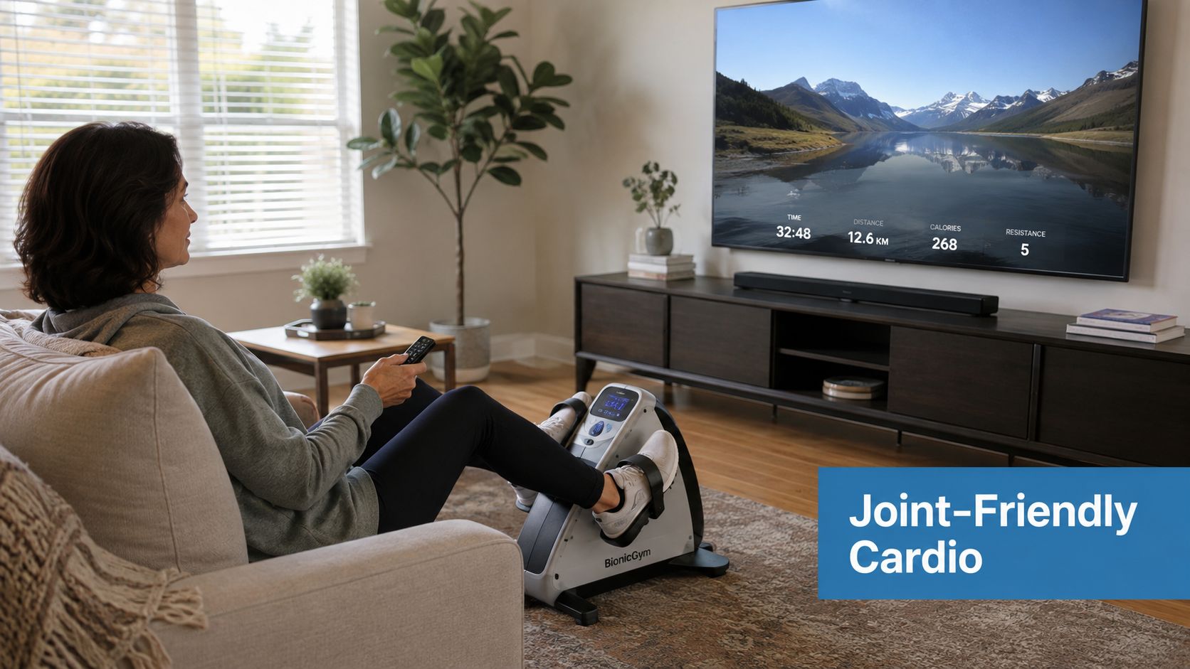 A woman using a compact under-desk exercise bike while sitting on a comfortable living room sofa.