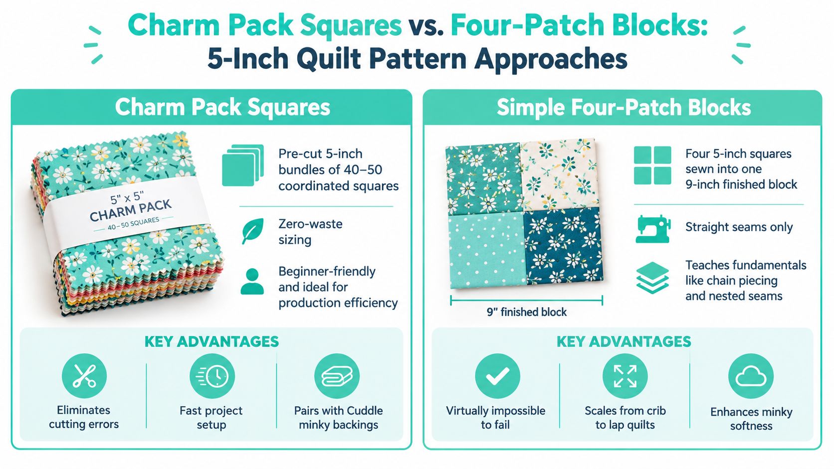 A comparison chart outlining the pros of using 5-inch charm pack squares versus simple four-patch quilt blocks.
