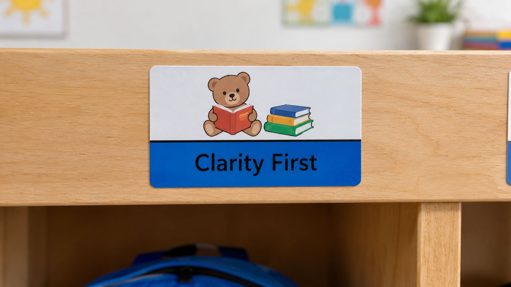 A wooden shelf with a sign showing a cartoon teddy bear reading books labeled Clarity First.