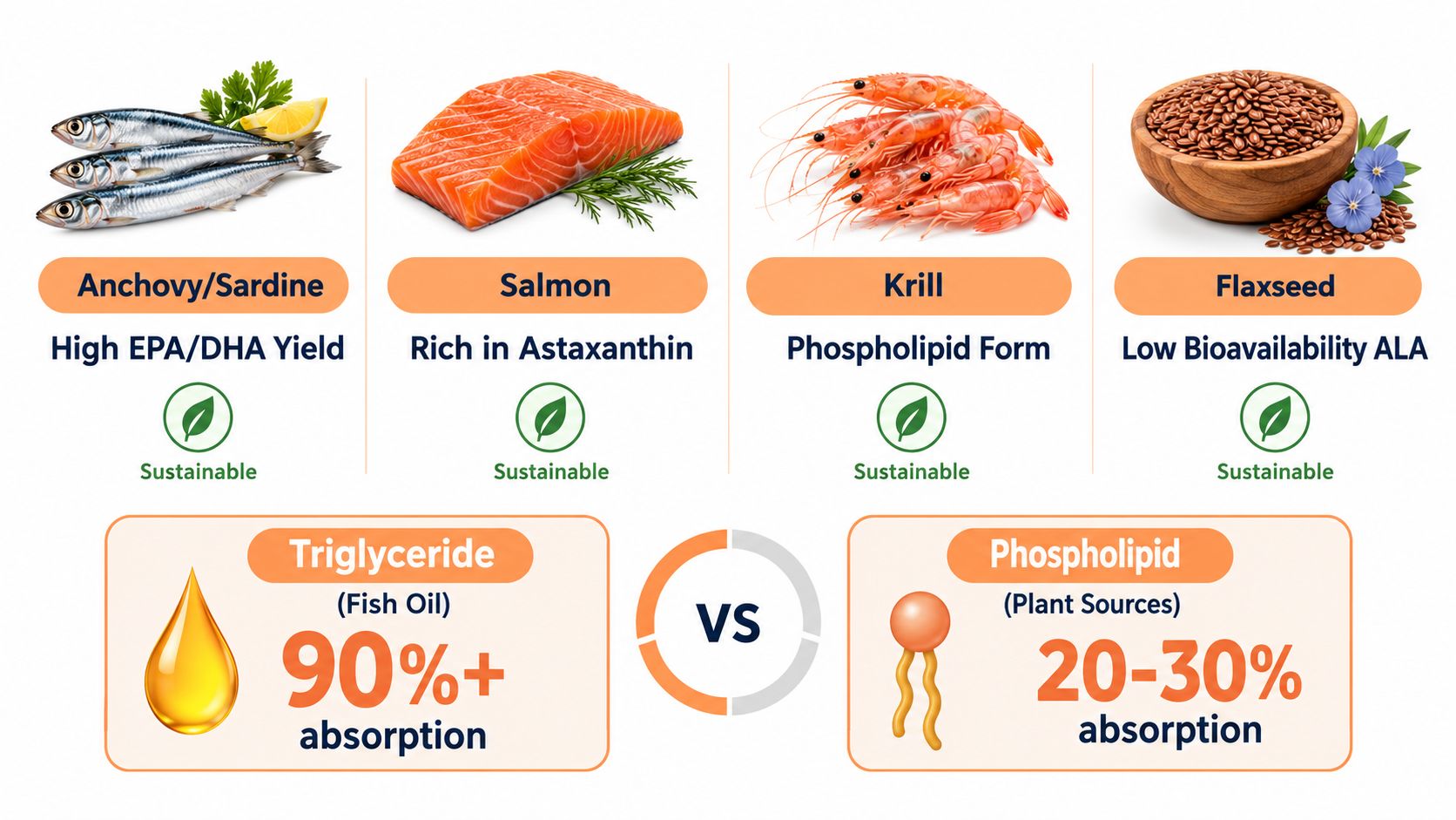 A comparative infographic showing different sources of omega-3 including fish, krill, and flaxseed with absorption rates.