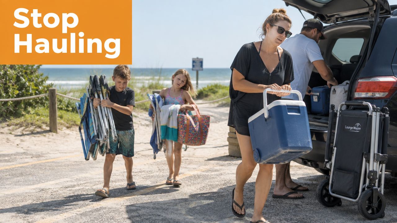 A family unloading beach gear from their car in a parking lot near the beach.