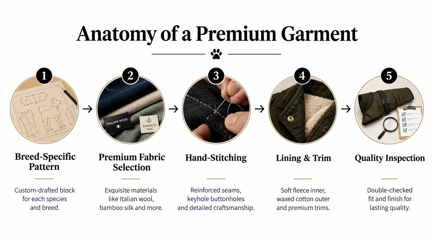 A five-step infographic showing the detailed production process of high-quality, custom-made premium luxury pet clothing garments.