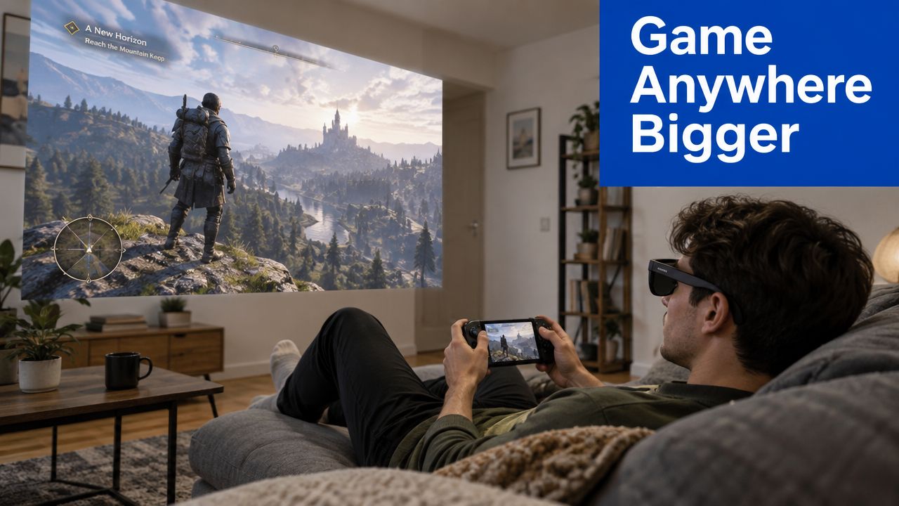 A person wearing AR glasses while playing a portable game console on a comfortable couch.