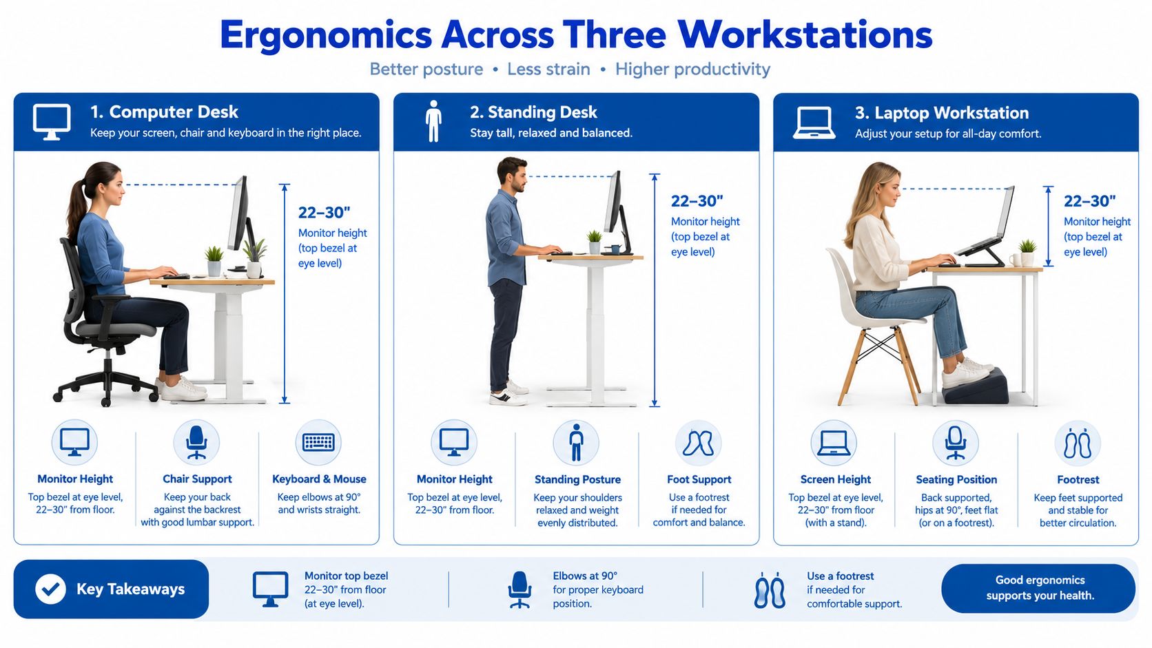 An infographic showing ergonomic tips for computer desks, standing desks, and laptop workstations to improve posture.
