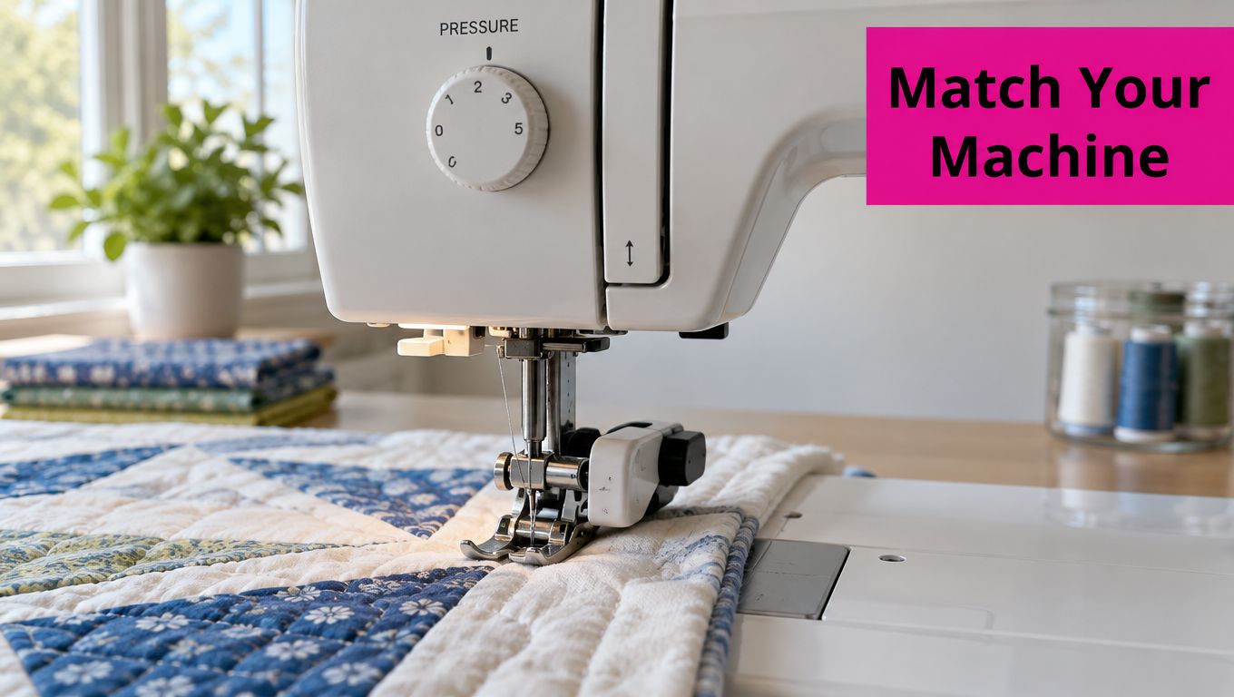 A close-up view of a sewing machine presser foot stitching on a blue and white patterned quilt.